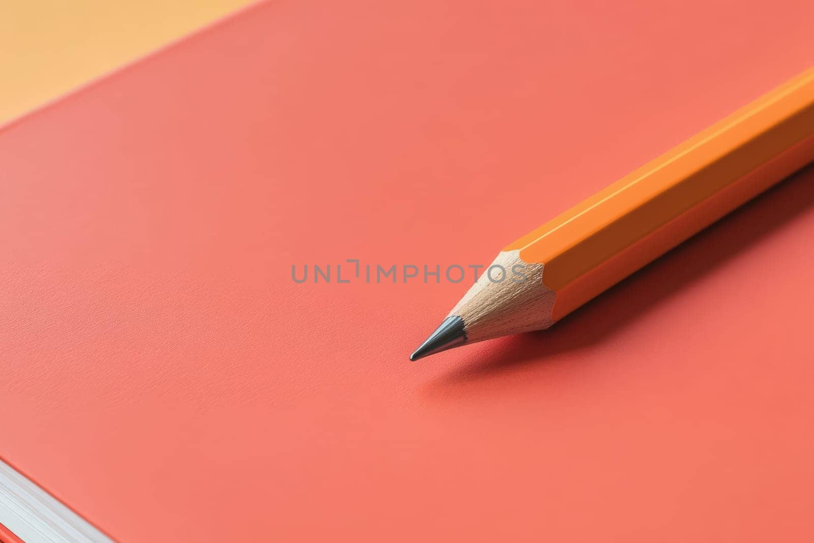 A bright orange notebook lies open with a sharpened pencil placed beside it. The workspace is minimalist, emphasizing simplicity and creativity in design.