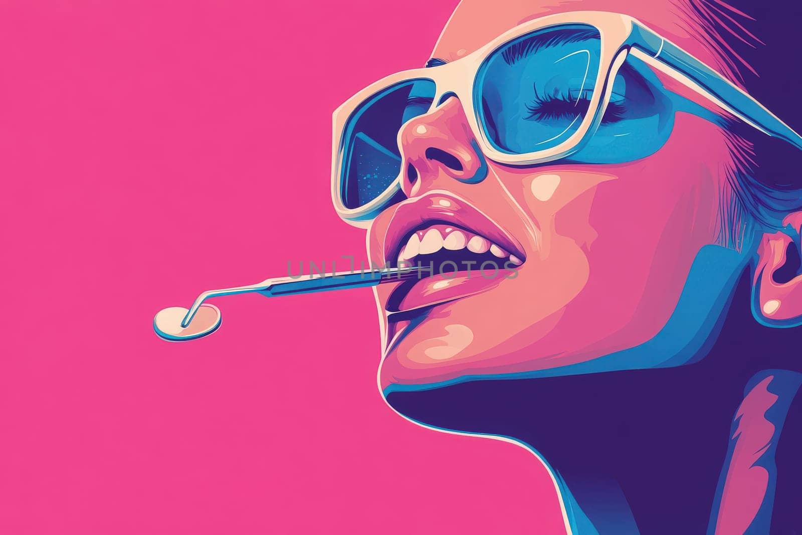 The female dentist, wearing stylish sunglasses, smiles while holding a dental tool, showcasing her confidence in a cheerful and colorful atmosphere.