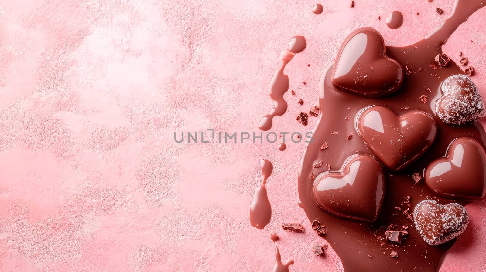 Chocolate hearts melting on a pink textured stone background. St. Valentines day background. AI generated