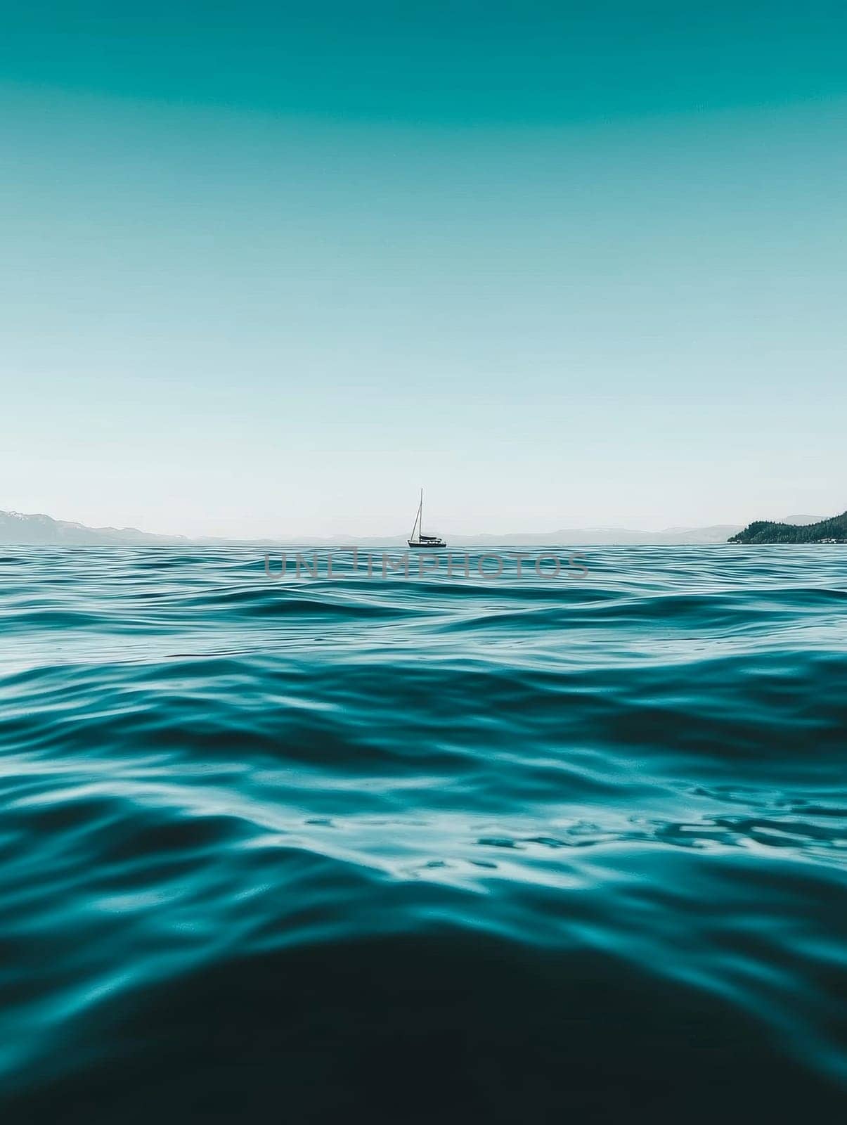 Serene seascape with a solitary sailboat on the horizon, surrounded by tranquil turquoise waters and a gradient blue sky, embodying peace and adventure.