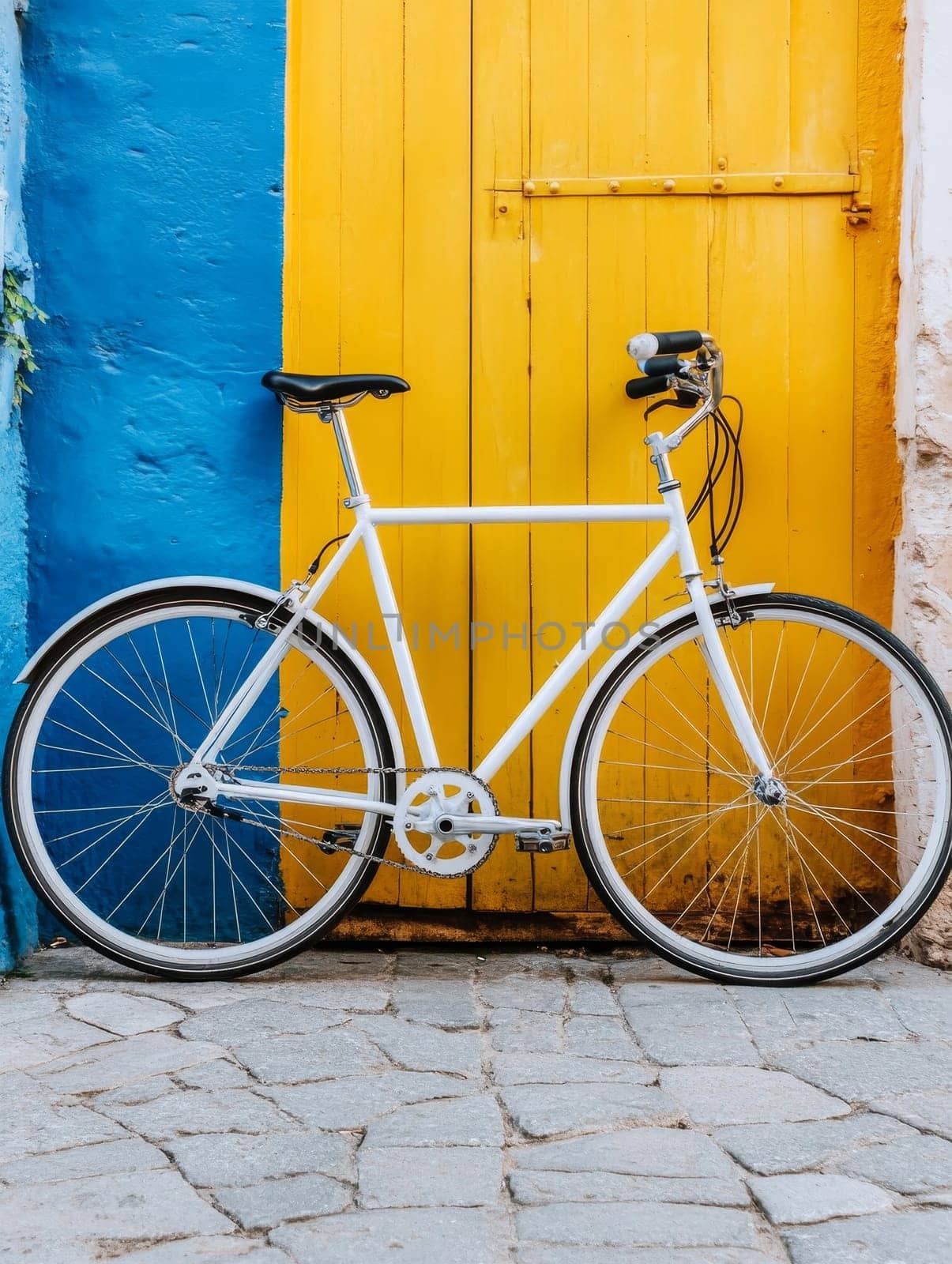 Stylish white bicycle parked against a vibrant blue and yellow wall, showcasing urban design and colorful street aesthetics. Perfect for lifestyle and travel concepts.