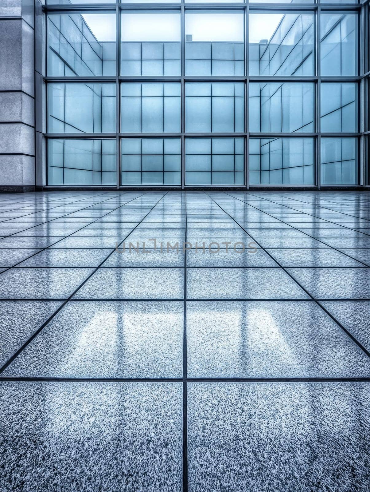 Geometric pattern of glass and steel in a modern building interior, showcasing contemporary architecture with clean lines and reflective surfaces. Ideal for business concepts.