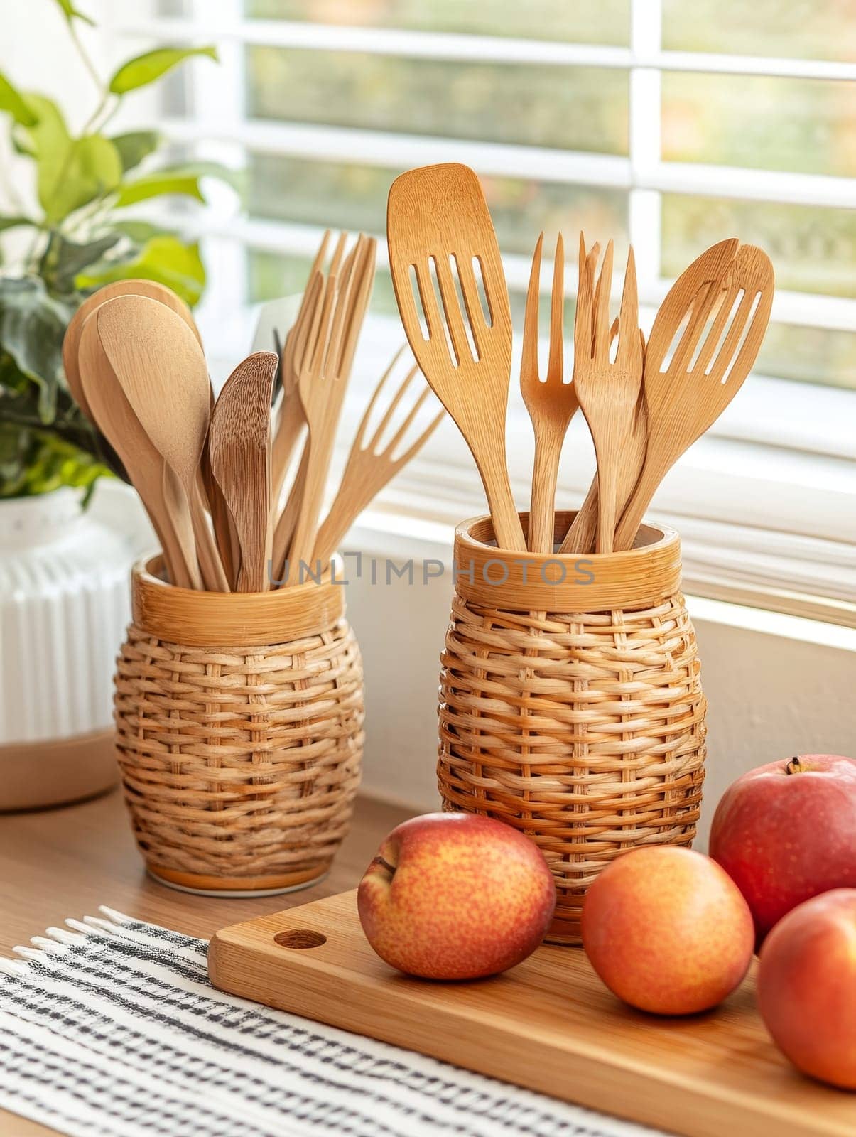 Eco friendly wooden cooking utensils arranged in woven baskets by a sunny window, with fresh apples nearby, showcasing sustainable kitchen tools and natural living.