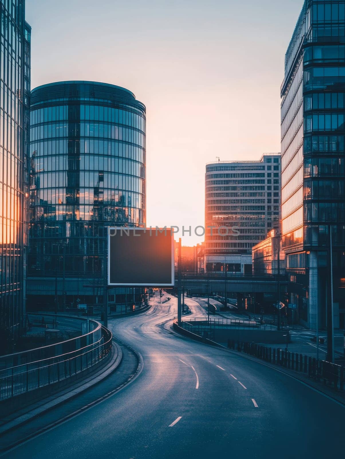 A breathtaking view of a modern city skyline with illuminated glass skyscrapers and curved roads at sunset, showcasing urban development and architectural marvels.
