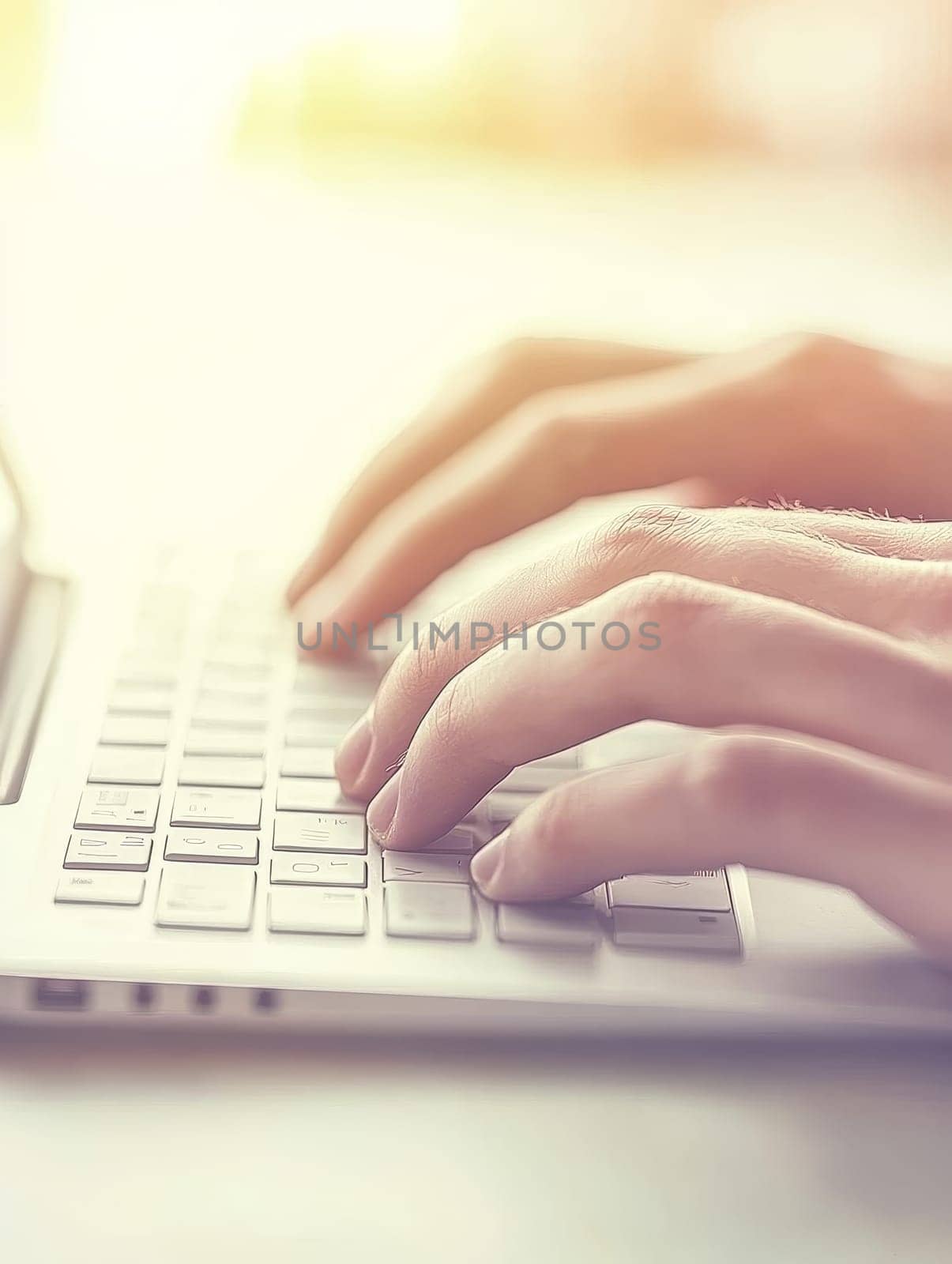 Close up view of hands typing on a laptop keyboard bathed in soft, warm light, representing modern work, communication, and technology use in a gentle atmosphere.