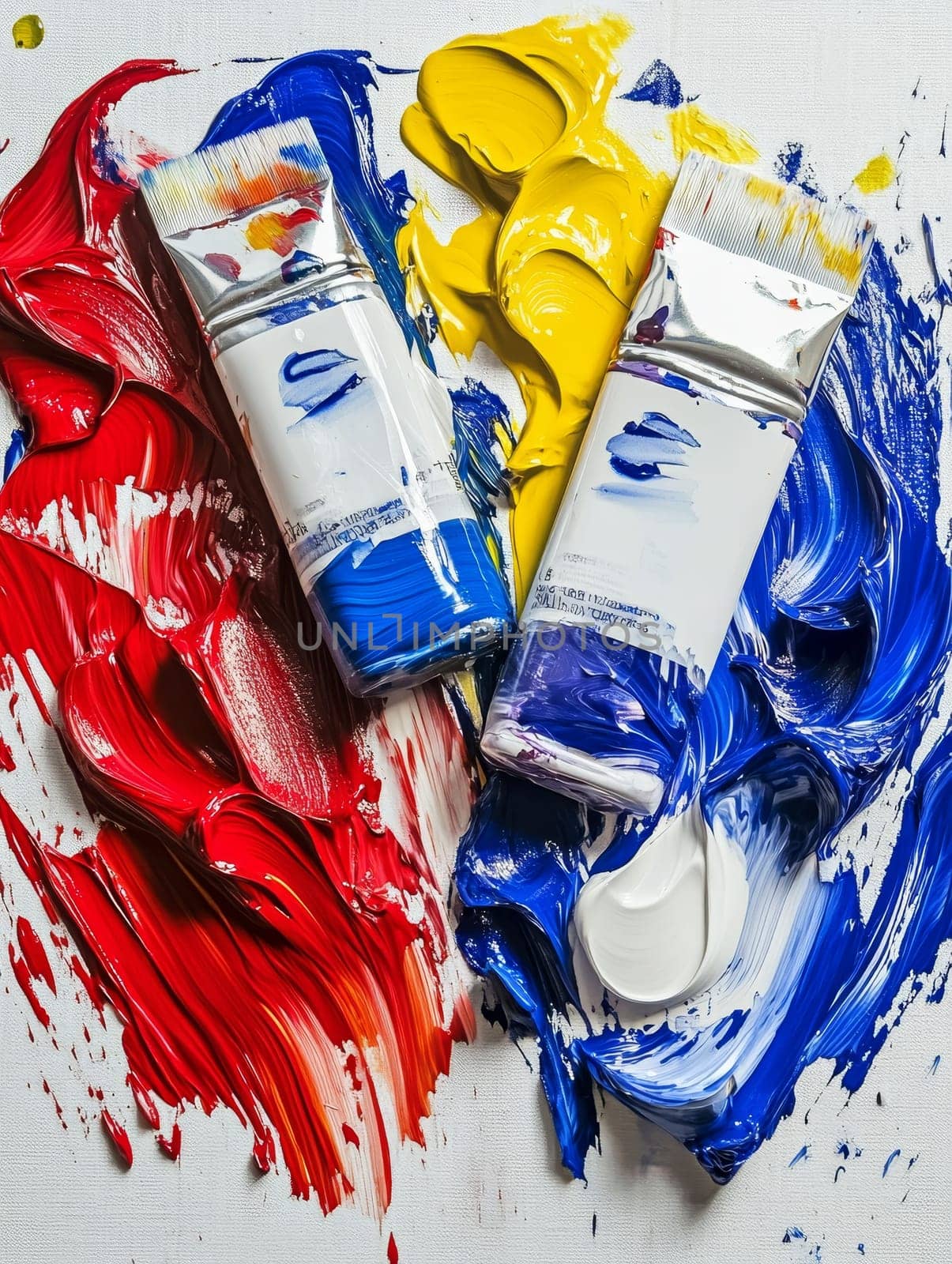 Tubes of vibrant red, blue, and yellow acrylic paint with paintbrushes, creating a dynamic composition of primary colors and artistic tools on a white canvas.