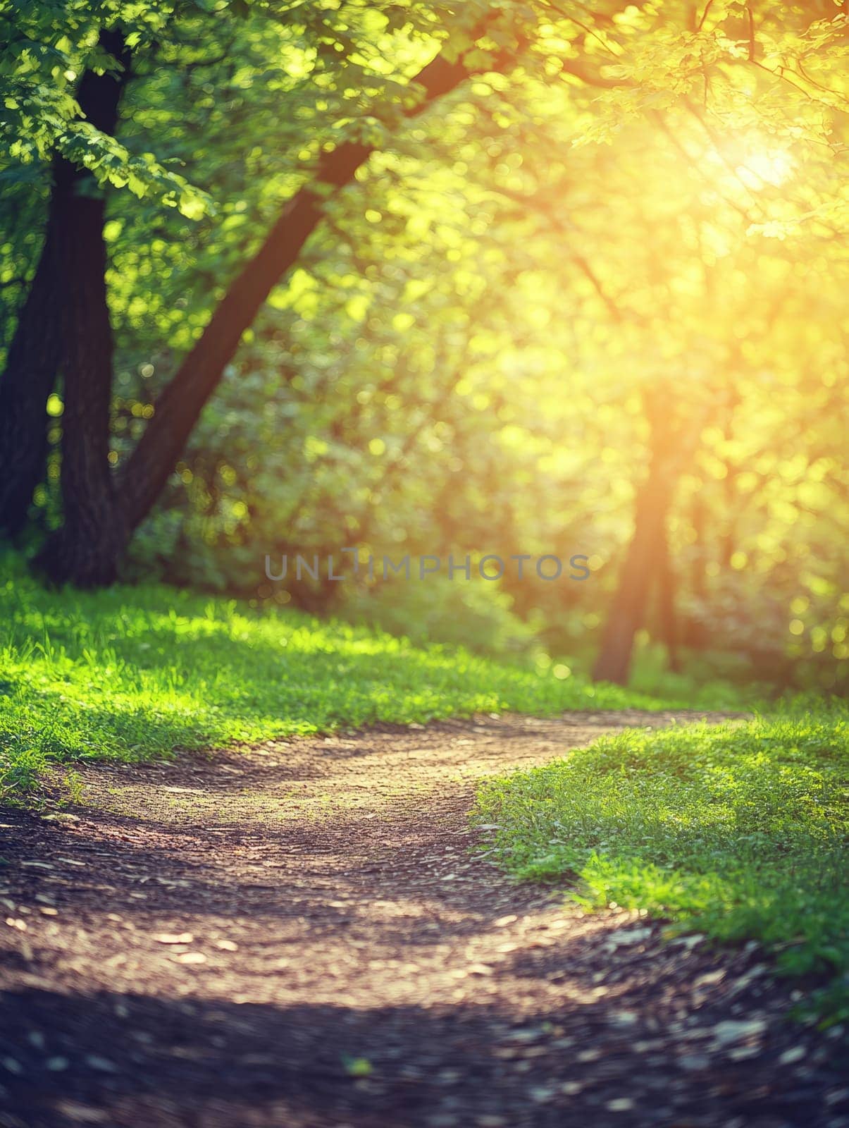 A serene dirt path through a lush green forest bathed in golden sunlight, creating a warm and inviting natural scene perfect for outdoor activities.