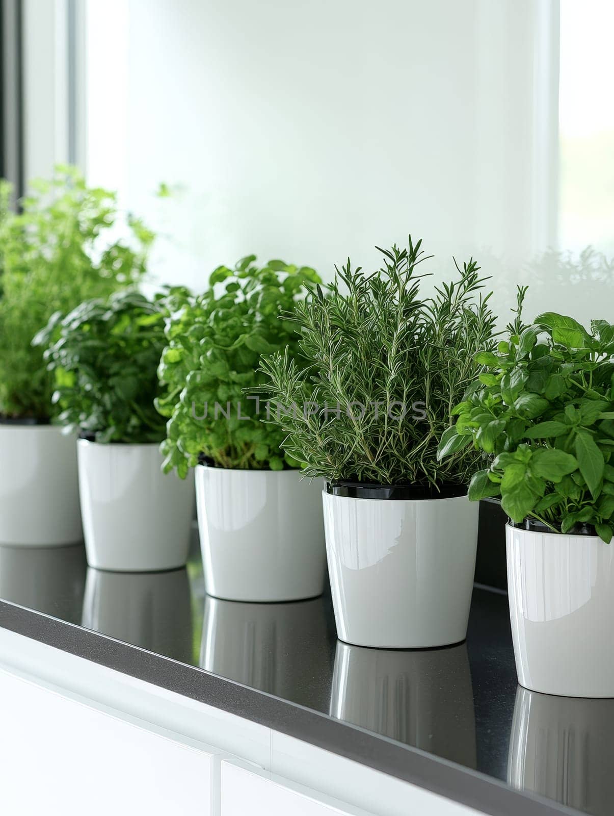Fresh herbs growing in white ceramic pots on a windowsill, creating an indoor herb garden that brings nature and culinary freshness into the kitchen.