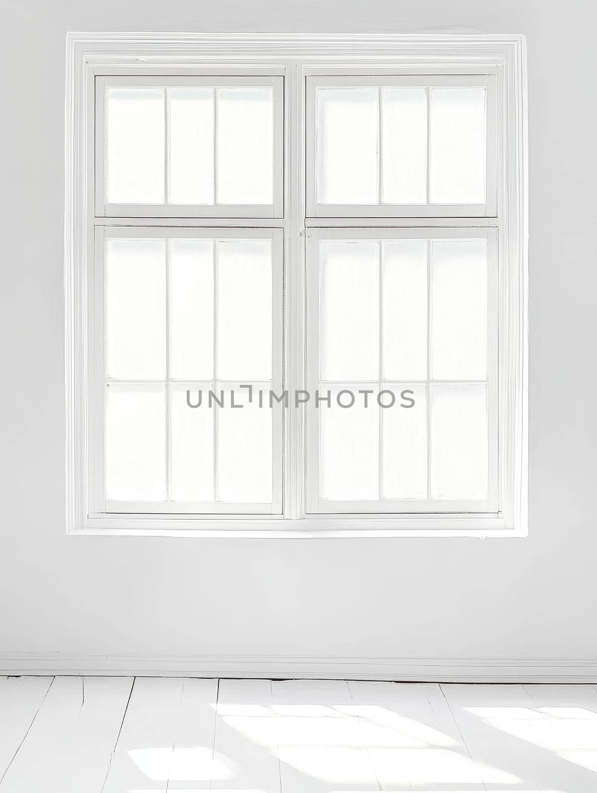 A pristine white window frame with multiple panes casts geometric shadows on a white wall and floor, creating a clean and airy interior scene.