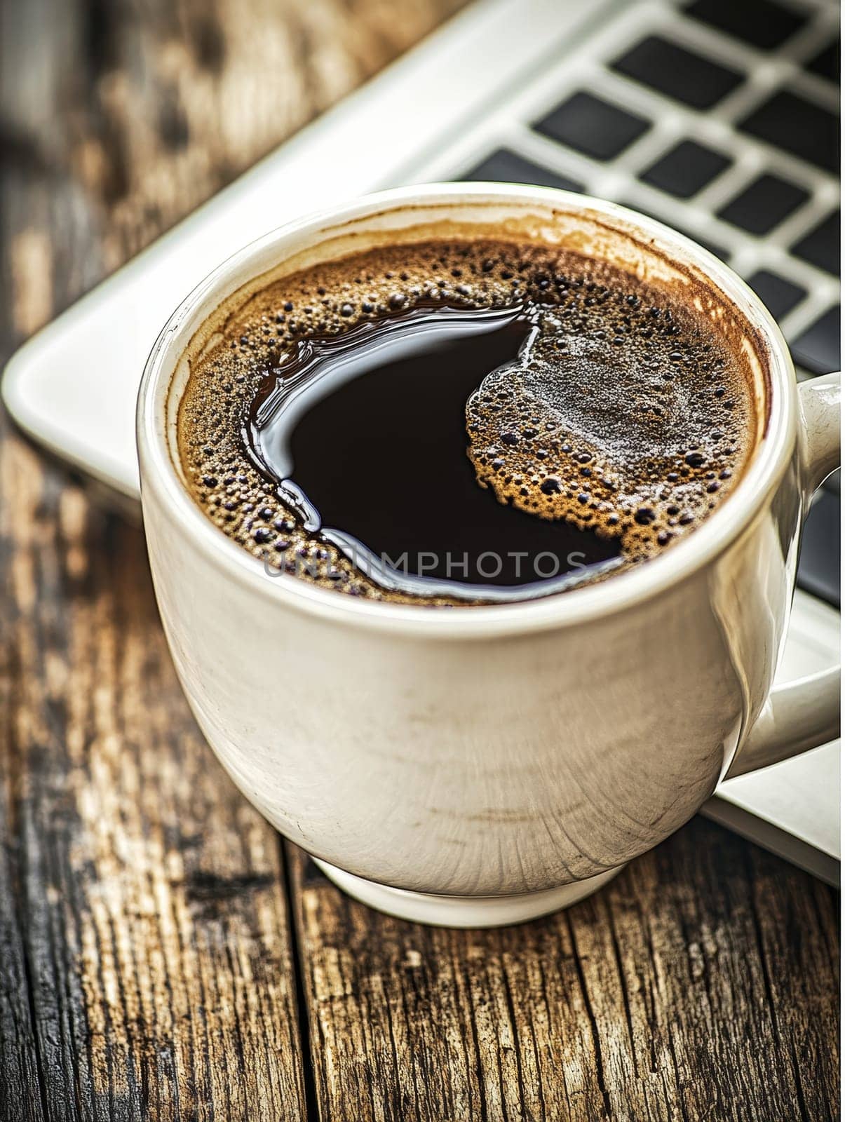 Close up of a steaming cup of black coffee on a laptop keyboard, symbolizing productivity and workplace refreshment on a rustic wooden desk.