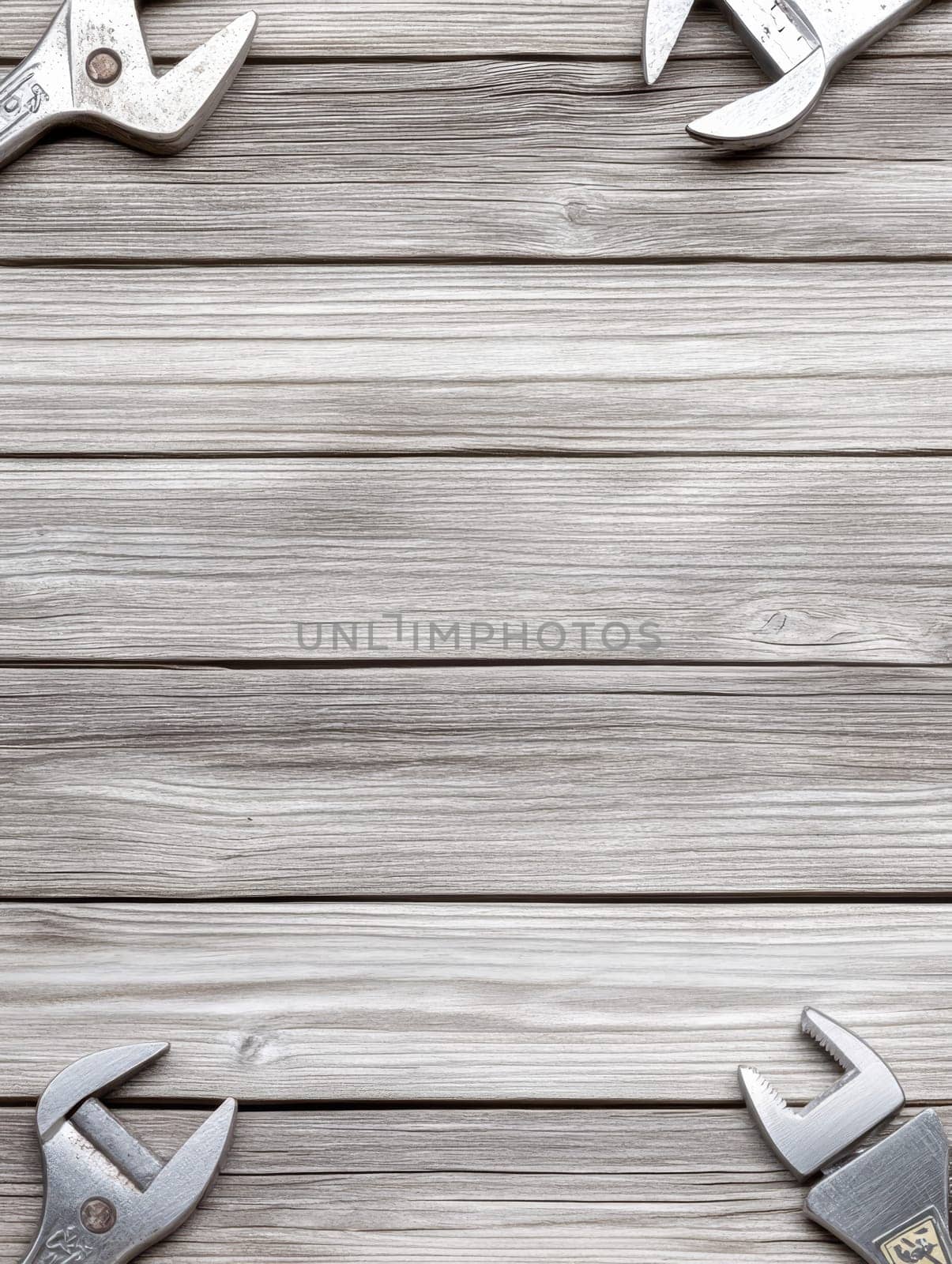 Weathered wooden planks background with metal wrenches partially visible, providing copy space for DIY, construction, or carpentry concepts.