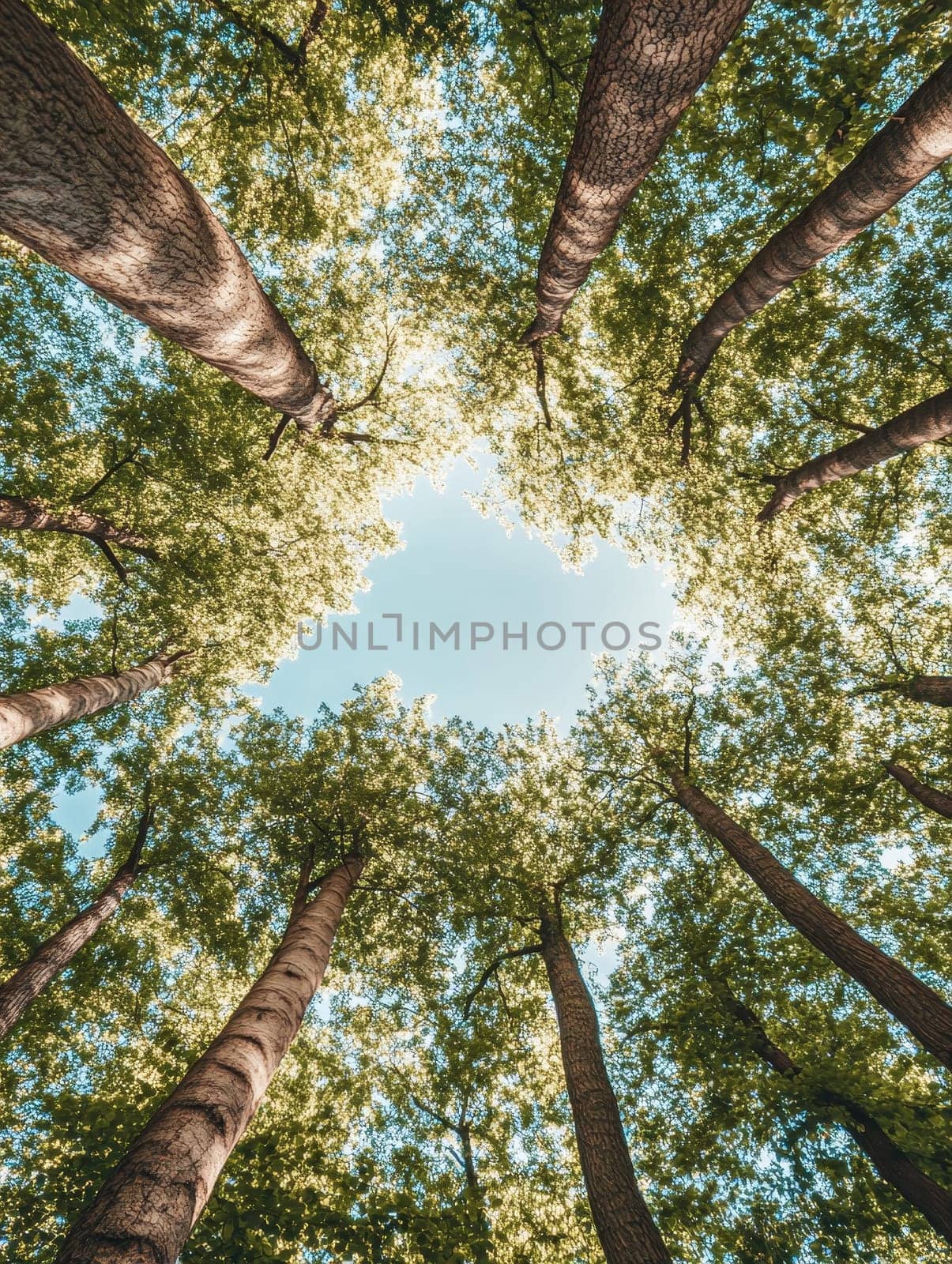 Looking up at majestic tall trees in a lush forest, sunlight filtering through green canopy, showcasing nature's grandeur and tranquility.