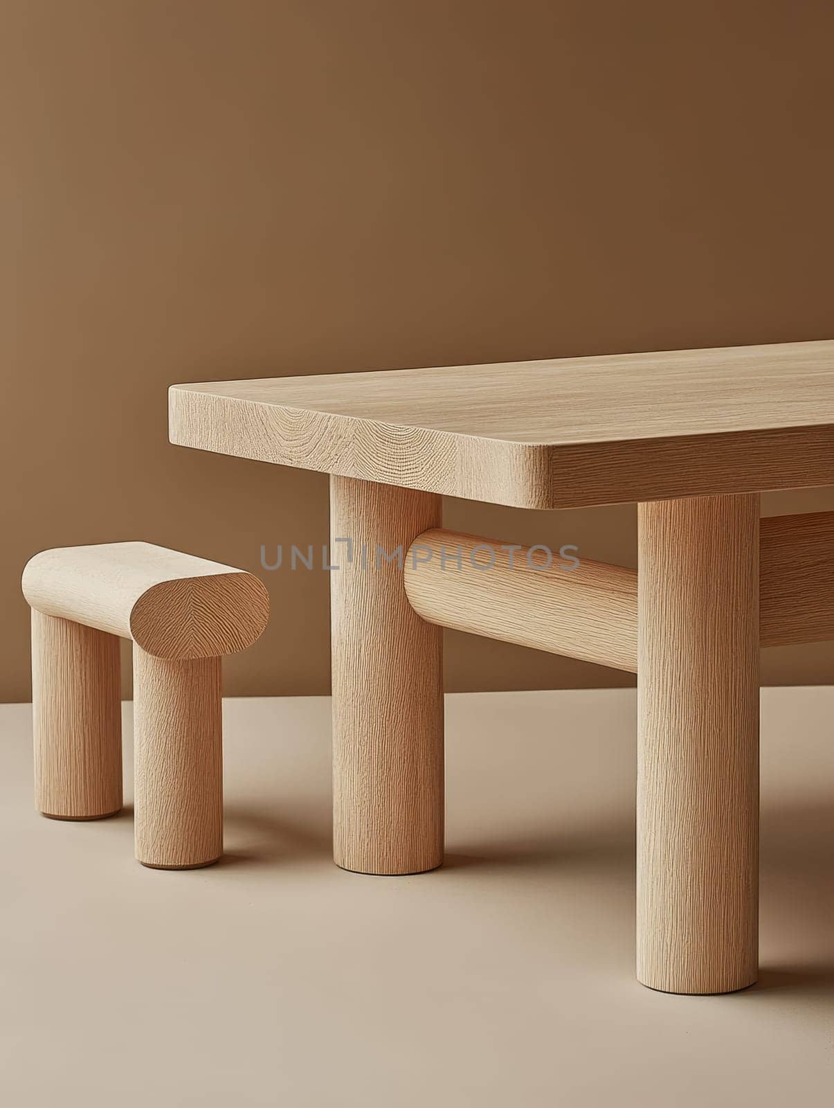 A modern minimalist oak table and stool set featuring clean lines, cylindrical legs, and natural wood grain texture against a neutral background.