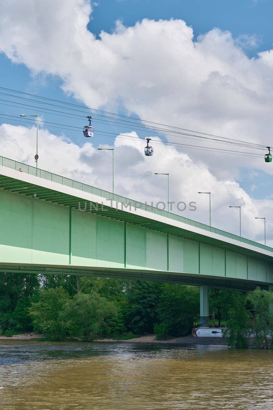 Cable car, Seilbahn in Cologne in Germany with the Zoo Bridge and the river Rhine