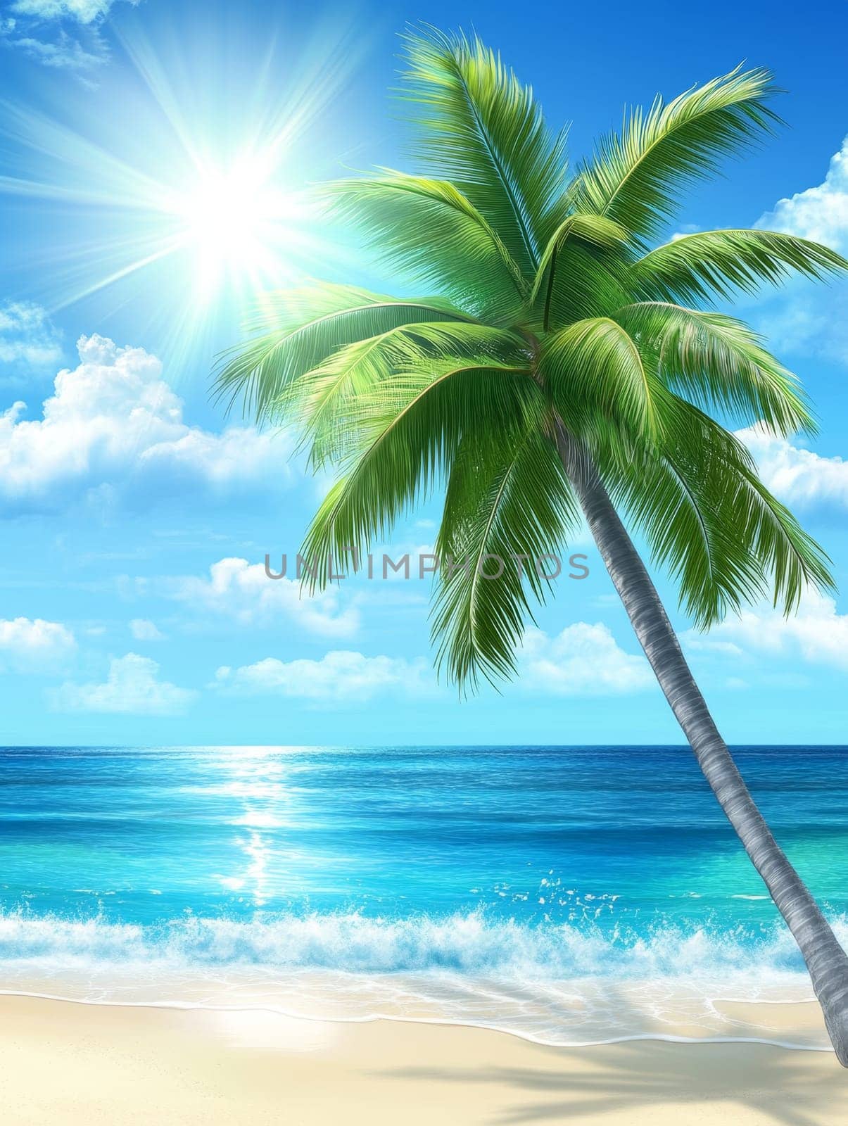 Idyllic beach scene with a lone palm tree leaning over crystal clear turquoise waters, white sand, and bright sun, embodying the perfect tropical getaway.