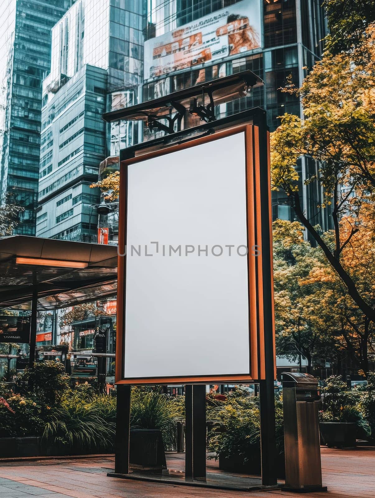 Empty illuminated billboard in a bustling city street, surrounded by modern skyscrapers and autumn trees, offering prime advertising space.