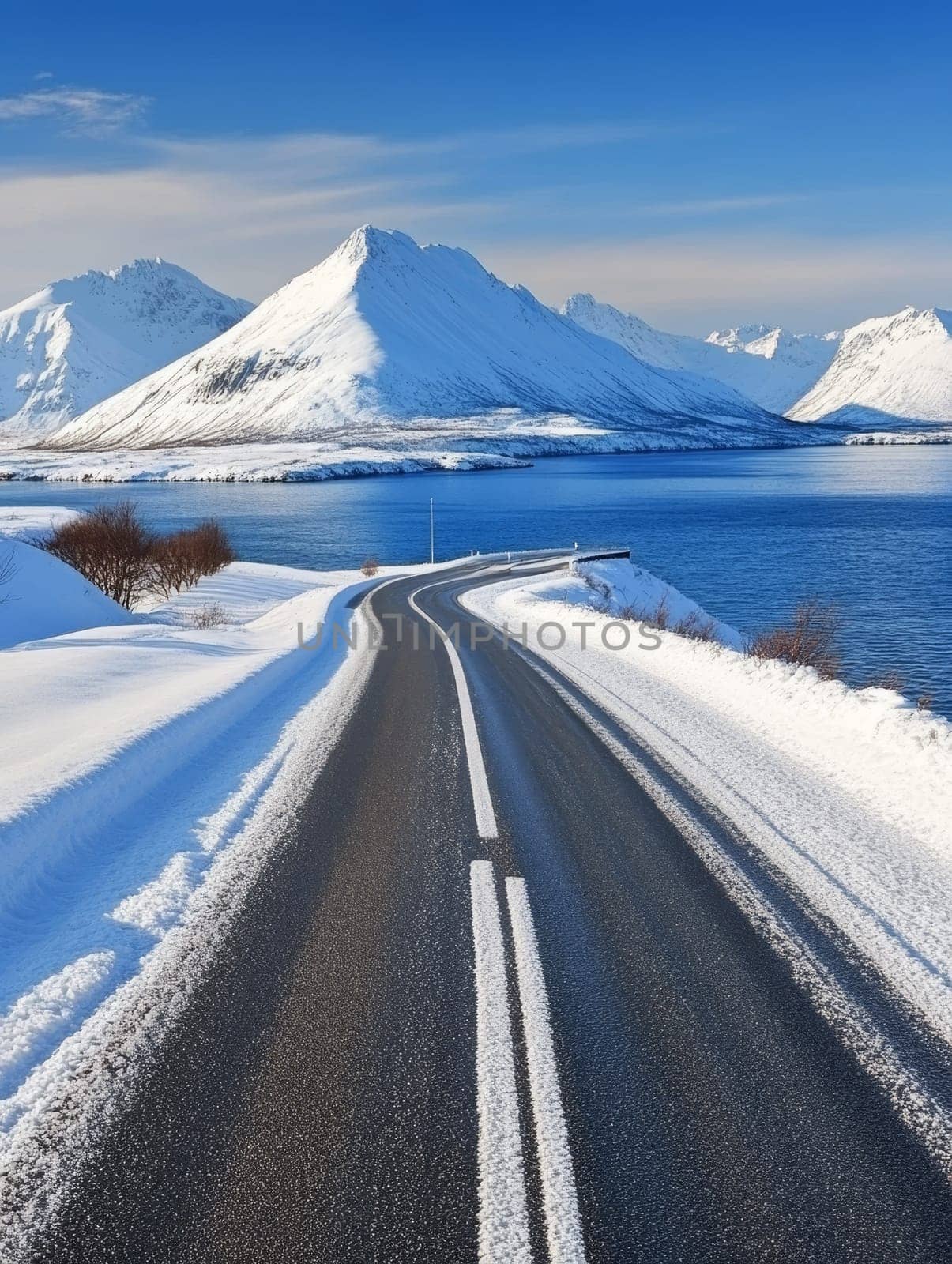 Winding road cutting through a breathtaking winter landscape with snow covered mountains, pristine lake, and clear blue sky, showcasing nature's grandeur.