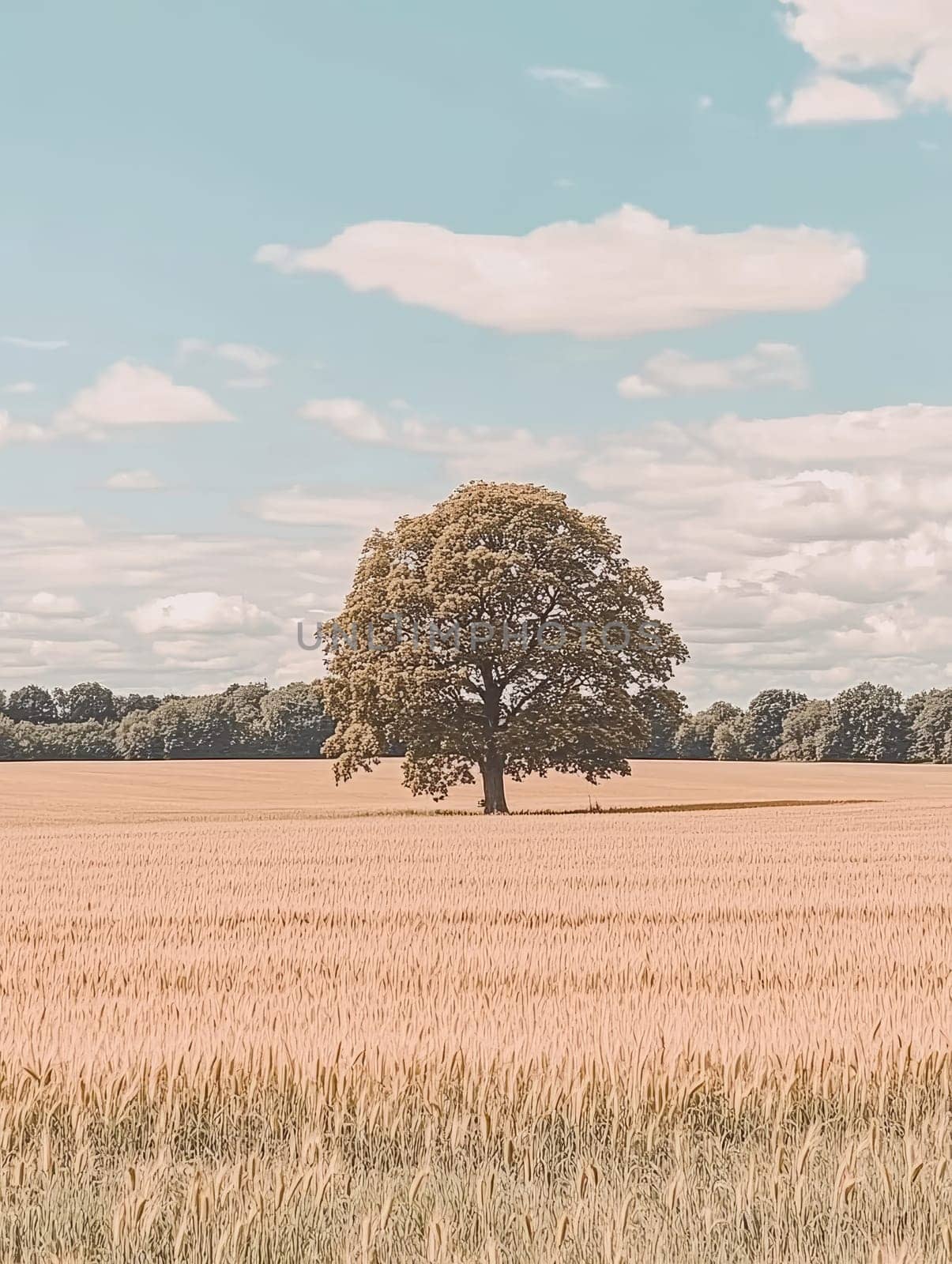 Majestic oak tree standing alone in a vast golden wheat field under a serene blue sky with wispy clouds, epitomizing rural tranquility.