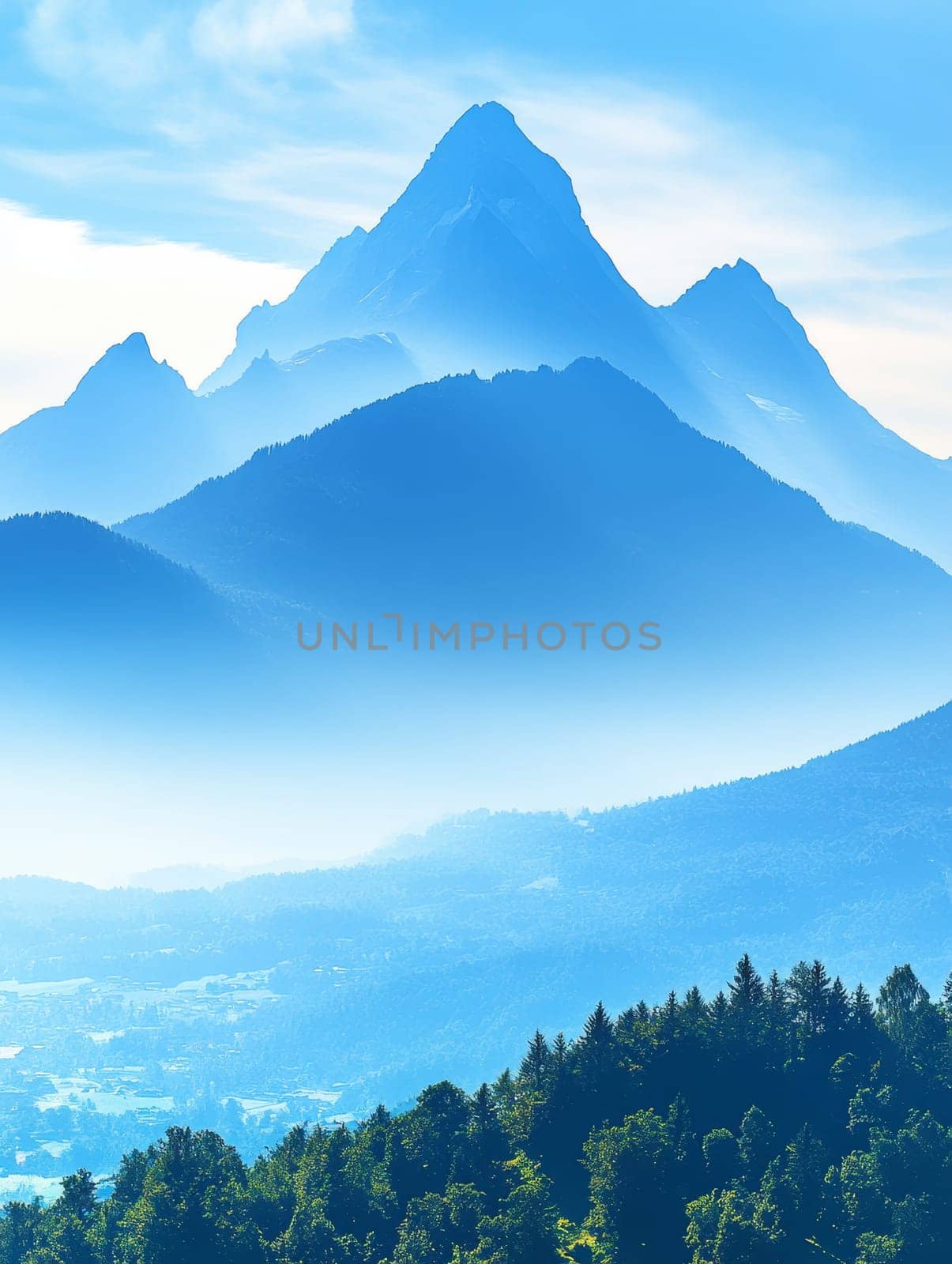 Stunning landscape of towering mountain peaks shrouded in misty blue hues, with forested foothills and a clear sky, capturing the serene beauty of nature.