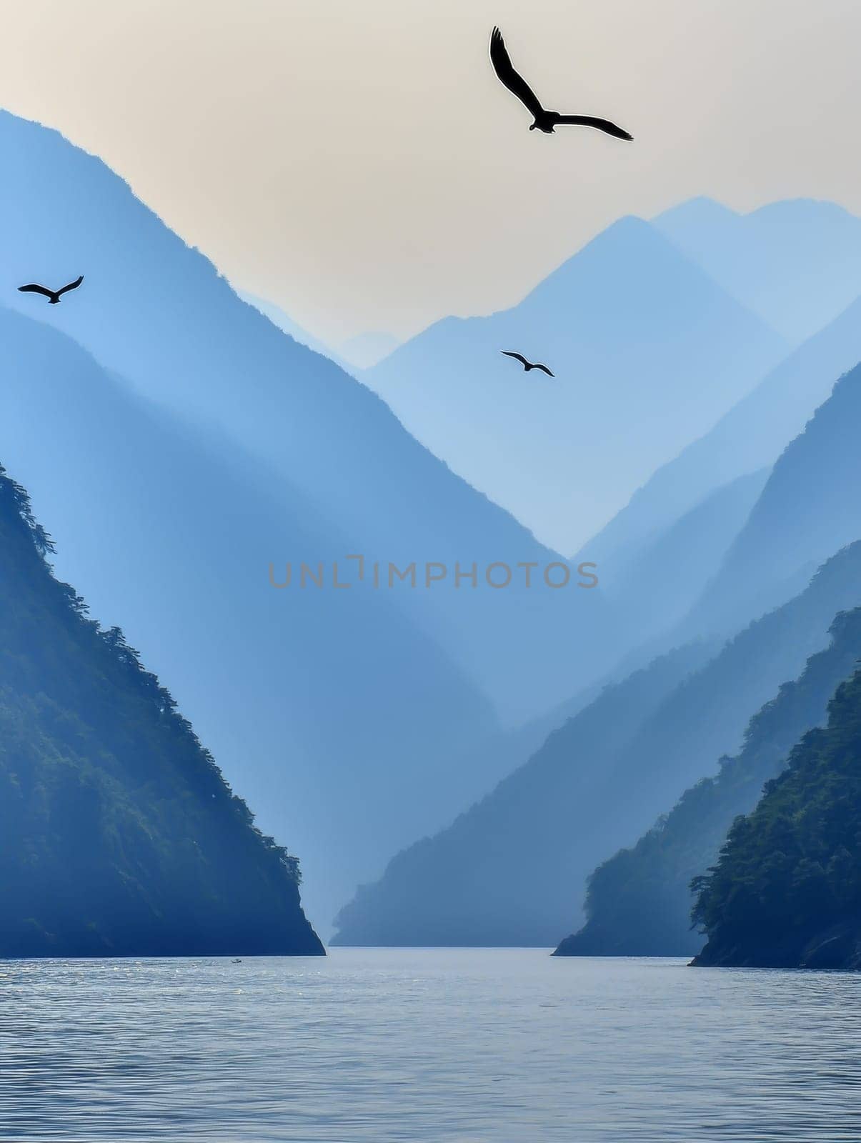 Majestic blue mountains rise above a tranquil lake, with silhouettes of birds soaring against a misty sky, creating a peaceful and awe inspiring natural scene.