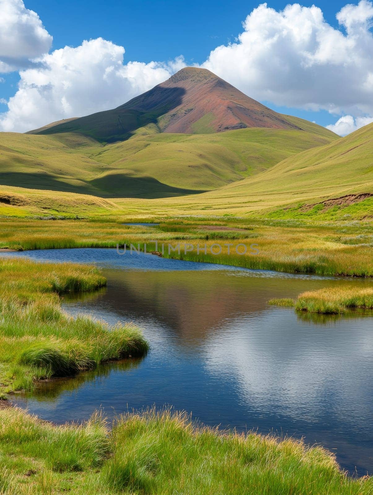 Lush green valley with a winding stream leading to a majestic colorful mountain, set against a backdrop of fluffy white clouds and blue sky.