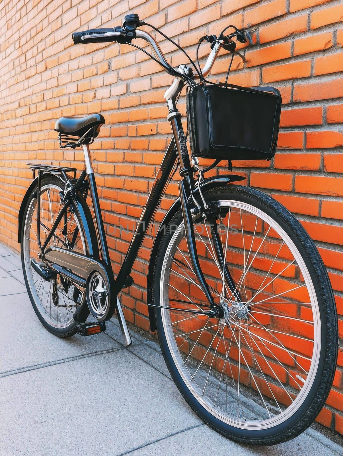 Black vintage bicycle with basket leaning against orange brick wall, showcasing urban lifestyle and eco friendly transportation.
