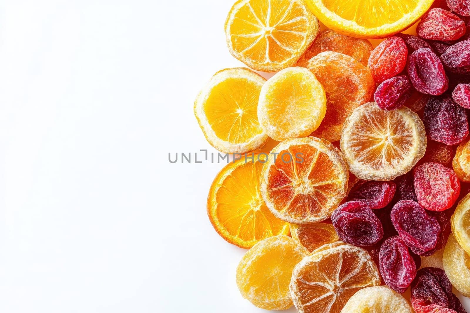 A colorful assortment of dried fruits, including lemon, orange, and berry slices, is artfully arranged on a clean white surface, highlighting the textures and vibrant colors of each piece.