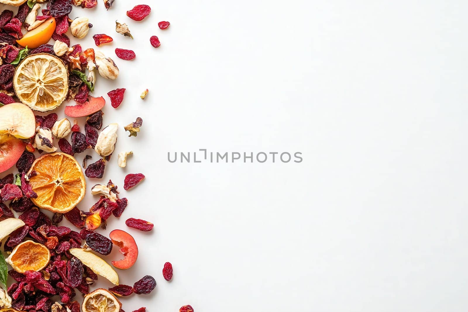 A colorful assortment of dried fruits, including citrus slices, berries, and apple pieces, is artfully arranged on a solid white surface, showcasing its vibrant textures and colors.