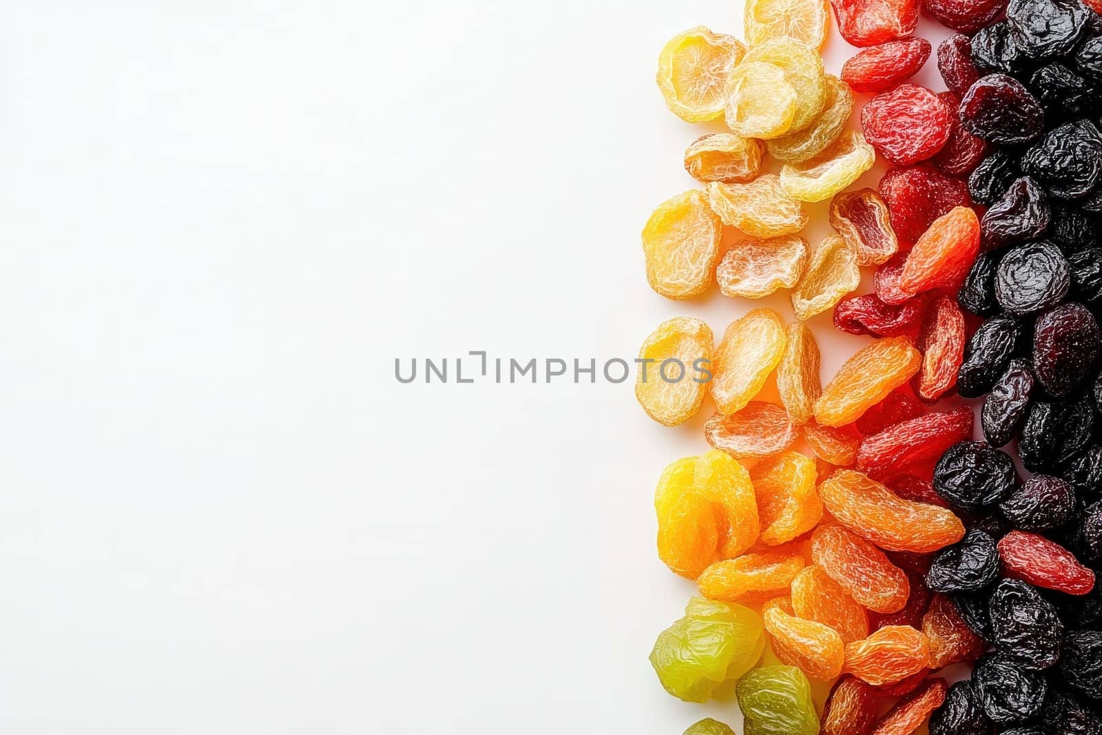 An appealing arrangement of various dried fruits showcases vibrant colors and textures, emphasizing the freshness and natural appeal of each piece on a clean white surface.