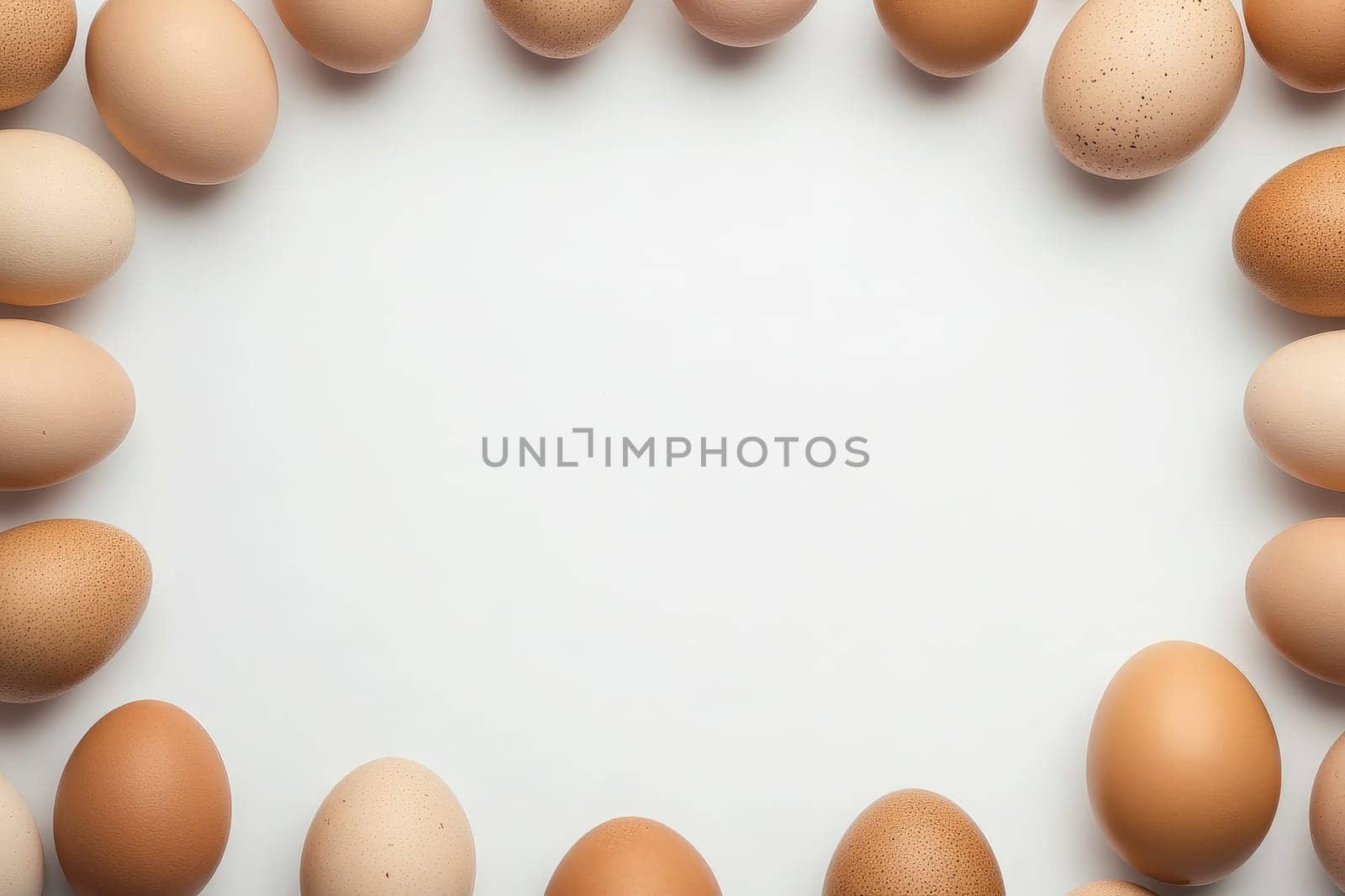 Eggs of various shades are placed in a circular arrangement against a white background, creating a clean and minimalistic look. The focus is on the texture and color variations of the eggs.