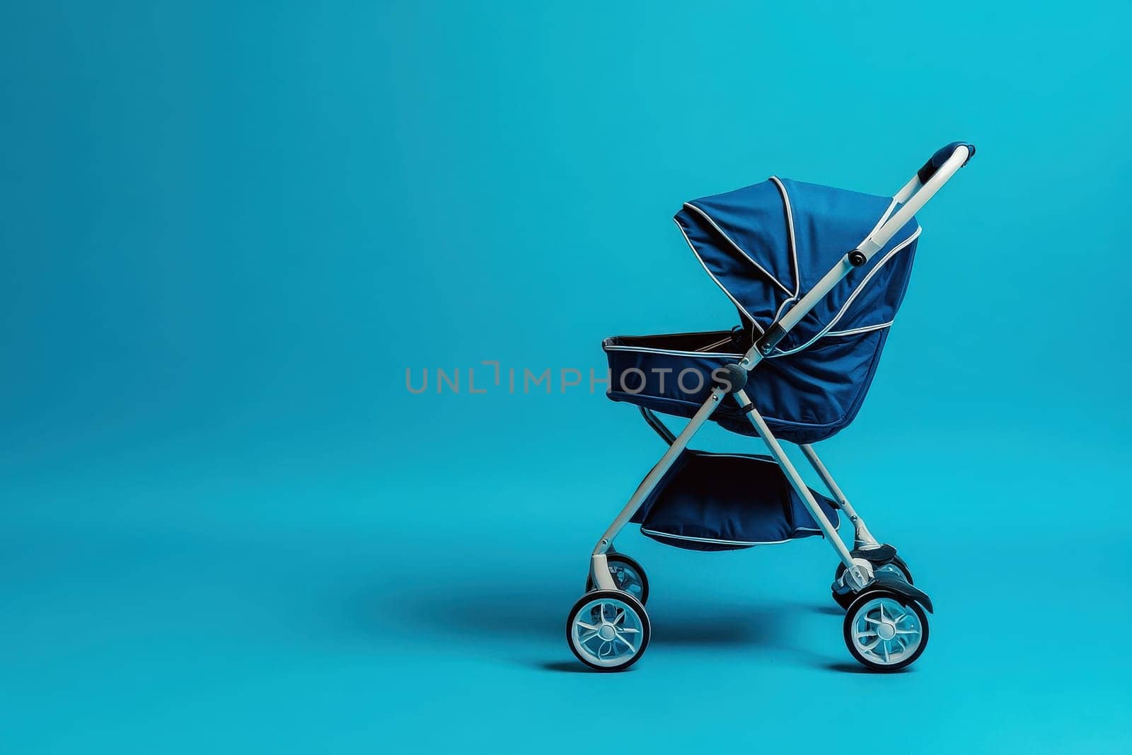 The ergonomic baby trolley is positioned against a bright blue solid backdrop, showcasing its sleek design and functionality, perfect for parents seeking comfort and style for their little ones.