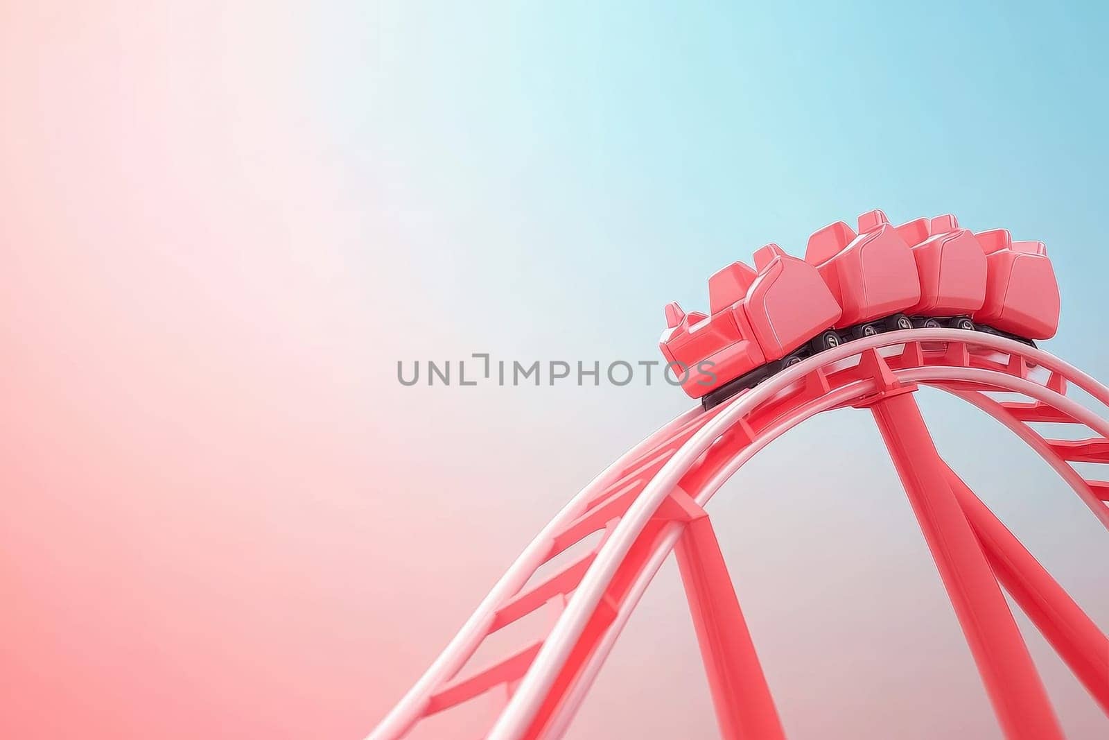 A colorful rollercoaster climbs high against a soft pink and blue sky, offering an exhilarating ride for thrill-seekers. Riders are brimming with excitement as they ascend the track.