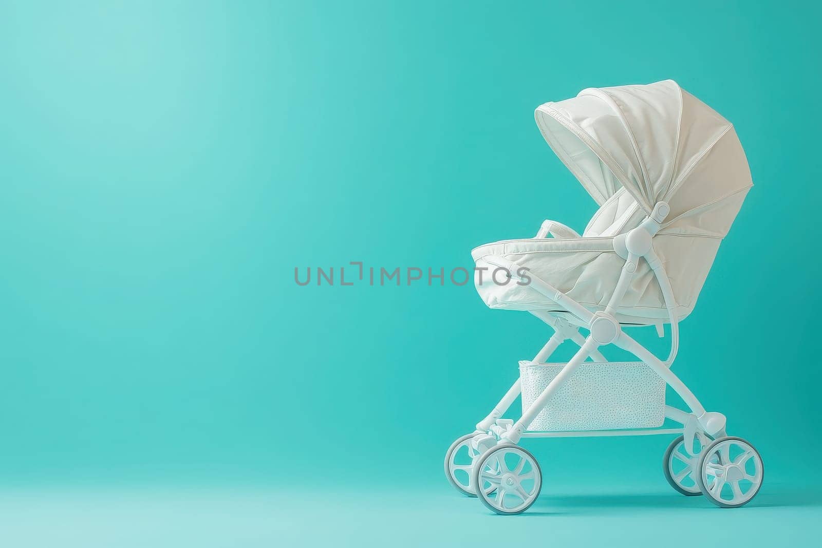 An ergonomic baby trolley stands out against a turquoise background, showcasing its sleek design and practicality, ideal for parents seeking comfort and functionality for their little ones.