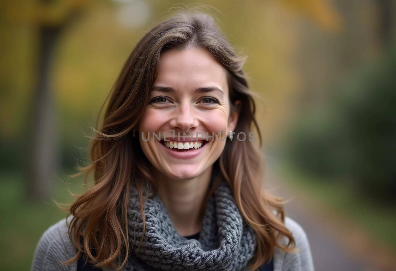 In a picturesque park in France, a cheerful young woman stands amidst golden autumn trees, radiating joy and warmth. Her bright smile reflects the beauty of the day. Generative AI.