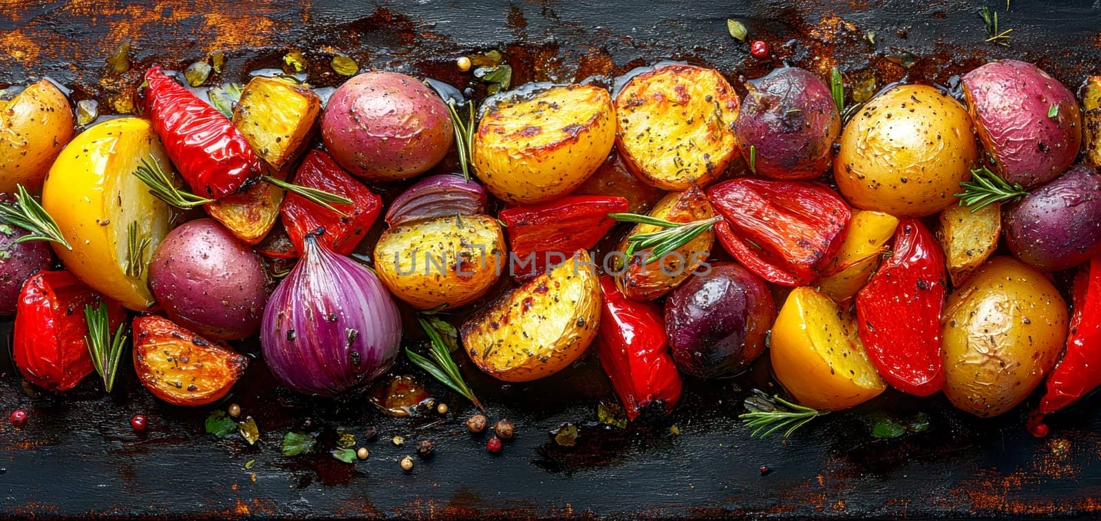 a rustic baking sheet filled with freshly roasted vegetables, including colorful peppers, onions, potatoes, zucchini and whole garlic cloves. Ai generative.