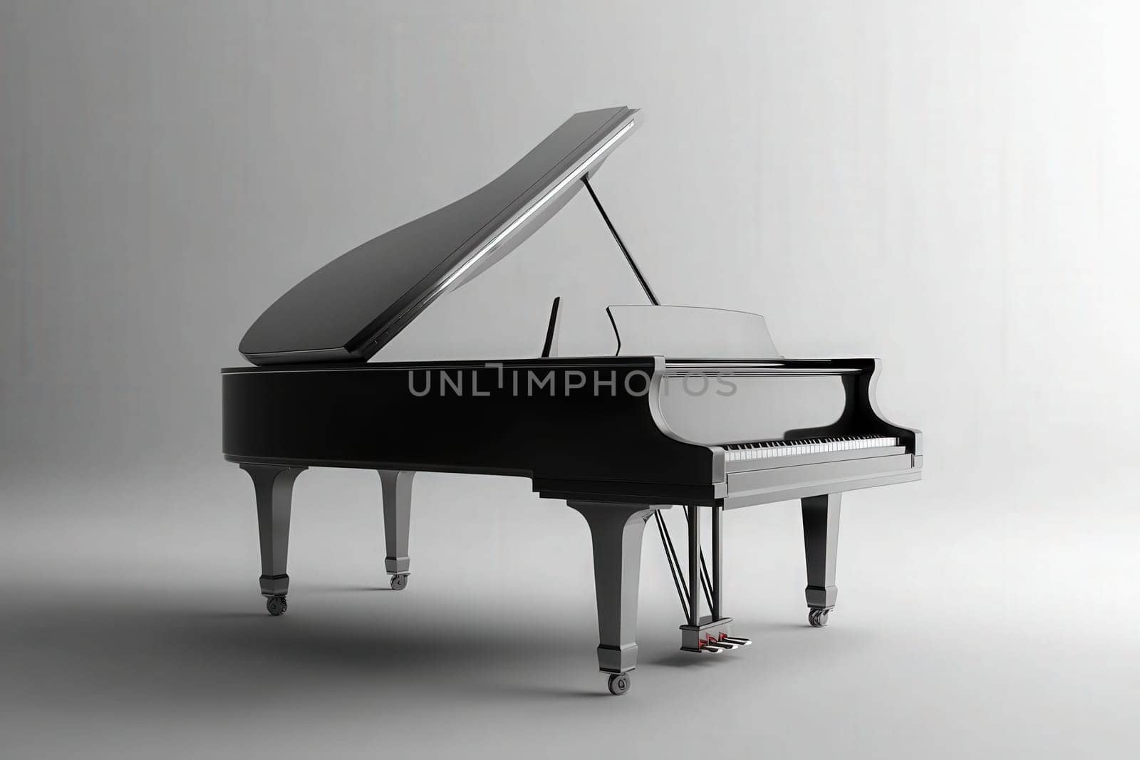 A sophisticated grand piano rests elegantly on a pristine solid surface. Its polished finish reflects light, highlighting the graceful curves and precise craftsmanship, inviting music creation.