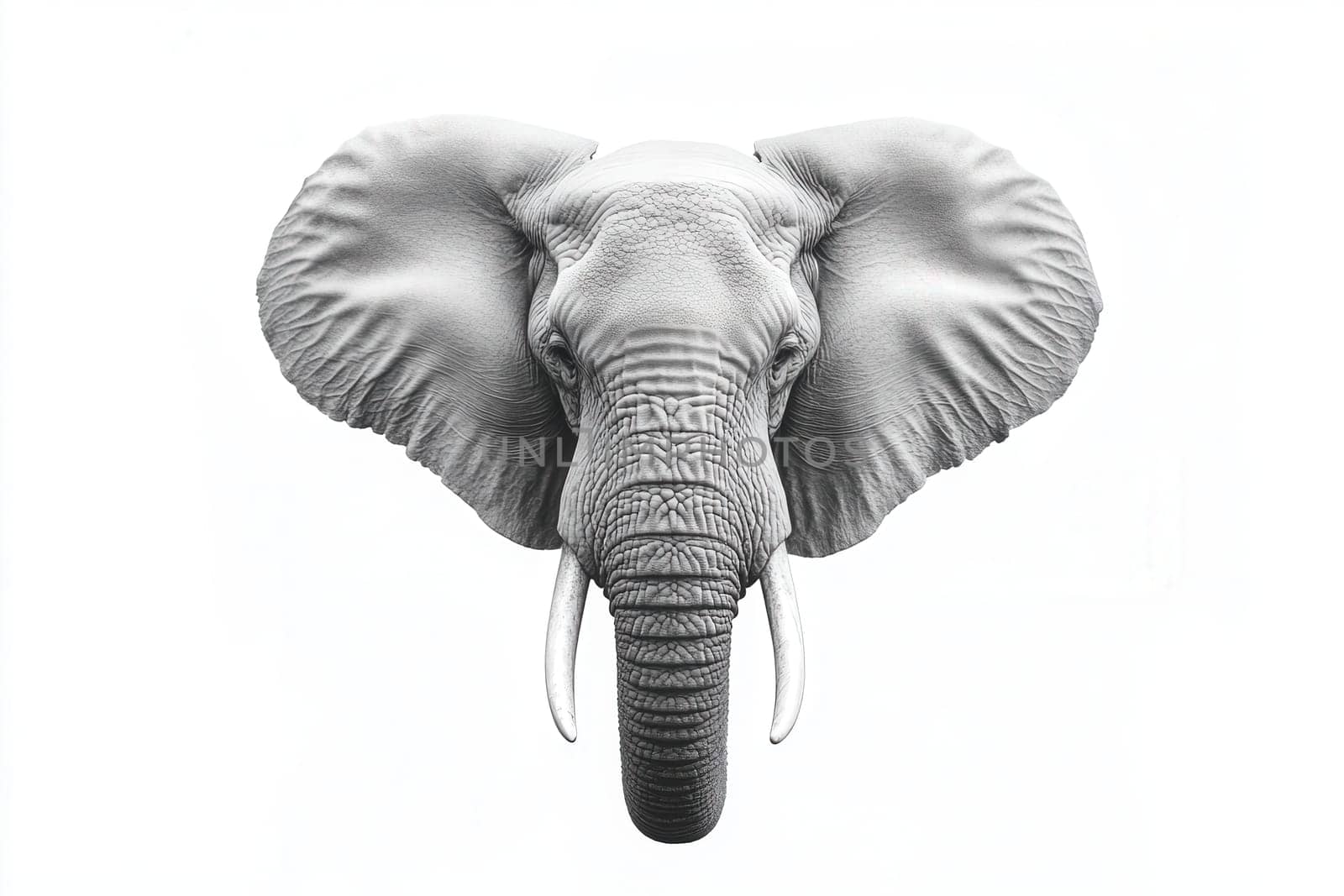 An elephant stands prominently in the center, showcasing its large ears, trunk, and tusks against a white background, highlighting its powerful presence and intricate textures.