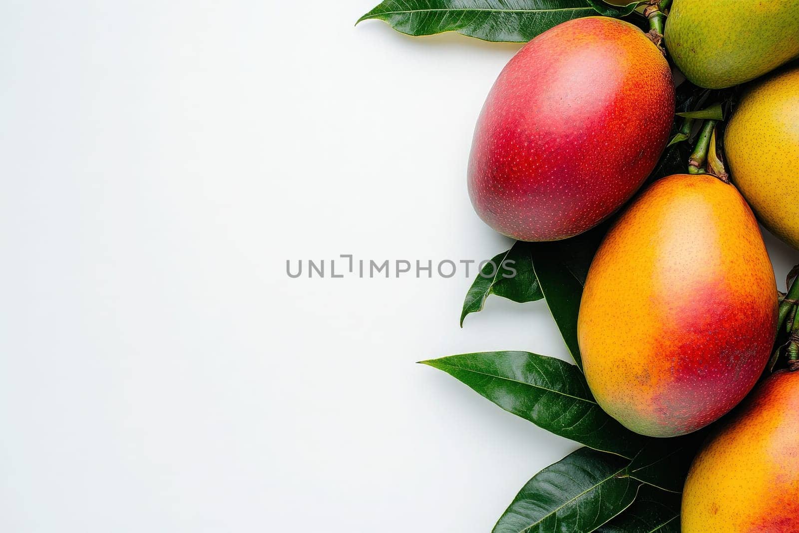 A collection of exotic mangoes in shades of red, orange, and yellow lays elegantly on a pristine white surface. The fresh leaves enhance the vibrant colors and natural appeal of the fruit.