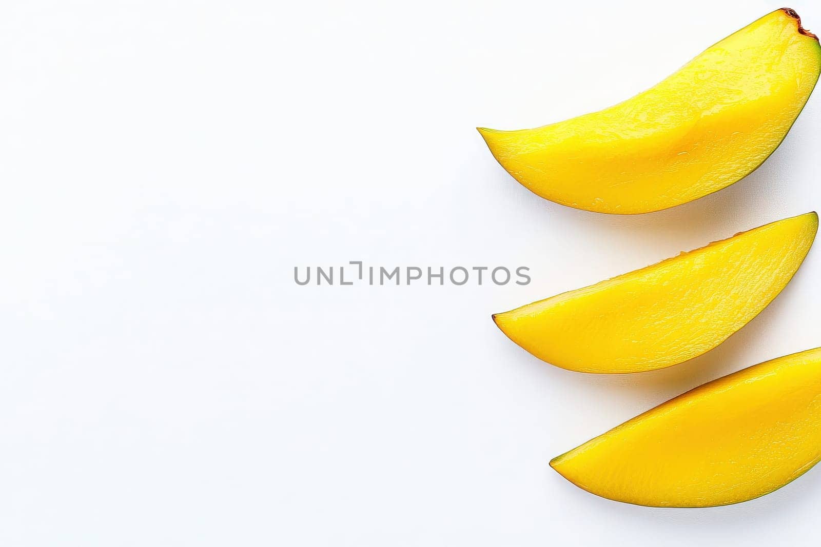 Dried mango slices are displayed in a clean arrangement on a solid white background, showcasing their vibrant yellow color and natural shape, perfect for snacking or culinary use.