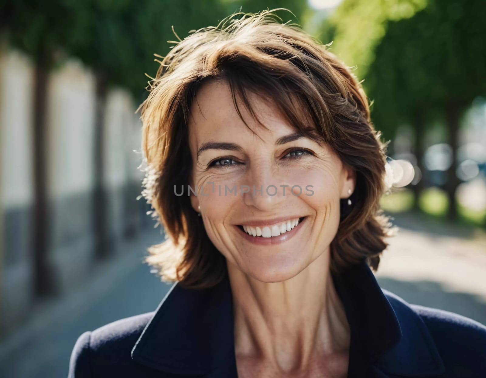 A cheerful woman 50 years old stands in a quaint French street, her smile bright against the warm backdrop of a sunny afternoon. The scenery embodies a serene and joyful atmosphere. Generative AI.