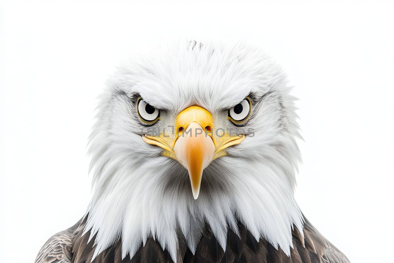 This majestic eagle commands attention with its fierce gaze, sharp beak, and detailed feathers, set against a clean white backdrop, symbolizing strength and freedom.
