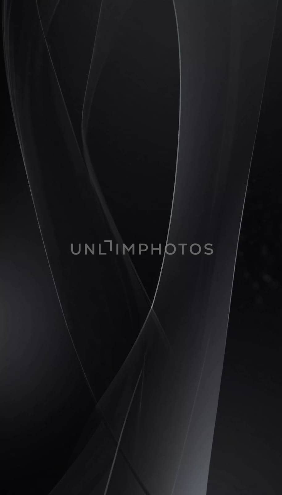 Graceful, swirling curves emerging from a dark backdrop, emphasizing fluidity and a dynamic sense of movement, inviting contemplation. Black background with smooth lines. Generative AI.