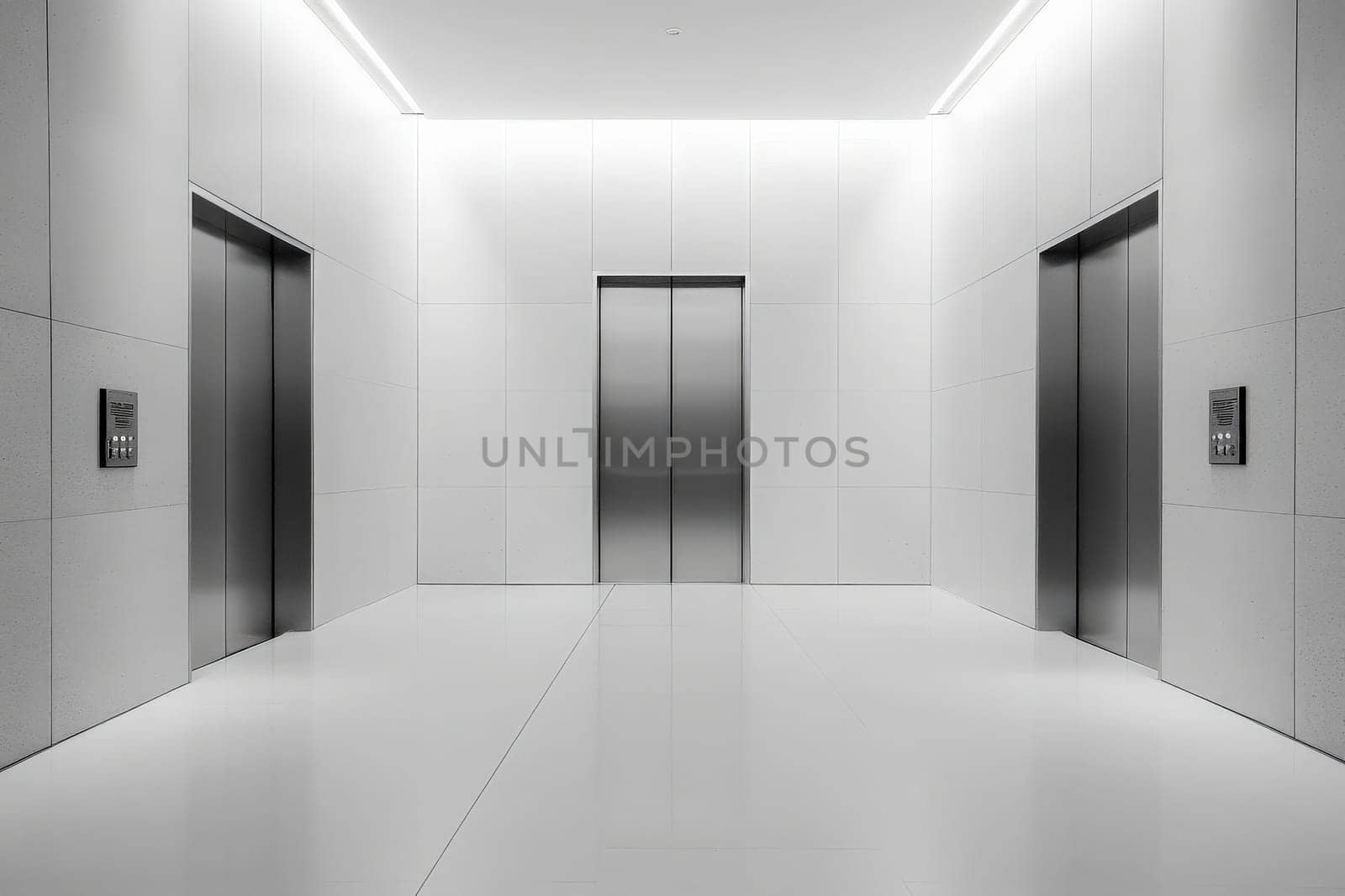 The image features elevator doors in a sleek, minimalist design located in a modern building lobby, illuminated by soft overhead lighting creating a serene atmosphere.