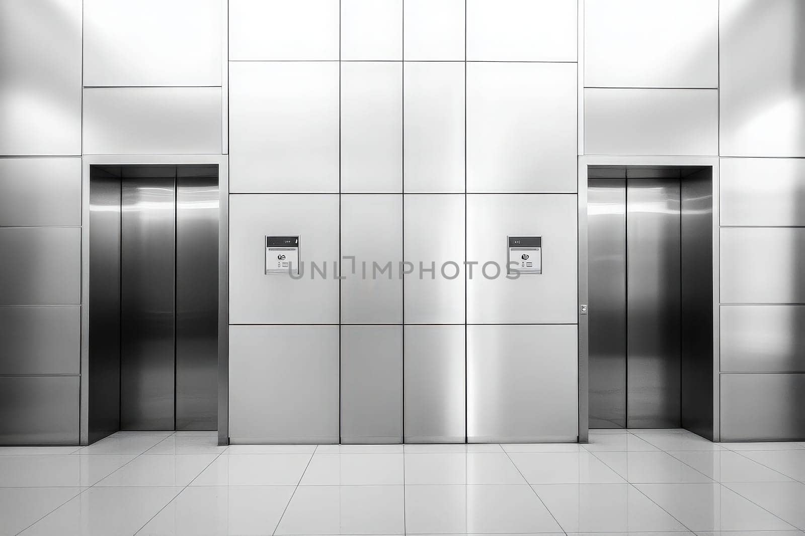 Two pairs of elevator doors are centered in a modern building. The minimalist design features a sleek metallic finish and a tiled floor, creating a clean and contemporary atmosphere.