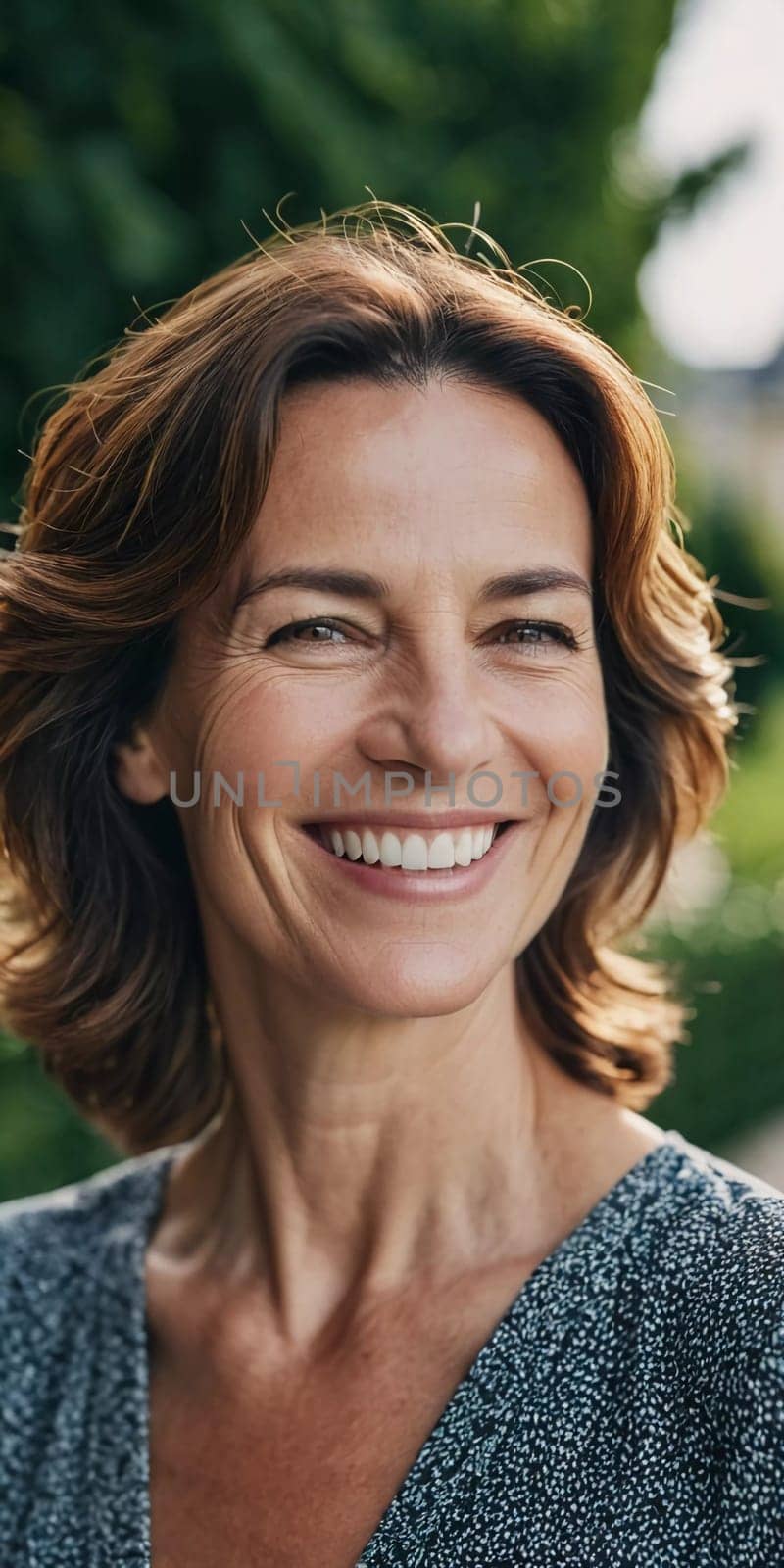 A cheerful woman 50 years old stands in a quaint French street, her smile bright against the warm backdrop of a sunny afternoon. The scenery embodies a serene and joyful atmosphere. Generative AI.