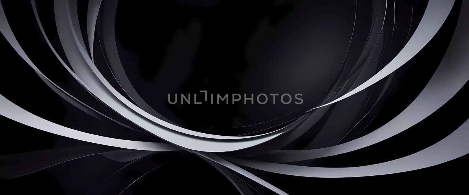 Graceful, swirling curves emerging from a dark backdrop, emphasizing fluidity and a dynamic sense of movement, inviting contemplation. Black background with smooth lines and shadows. Generative AI.