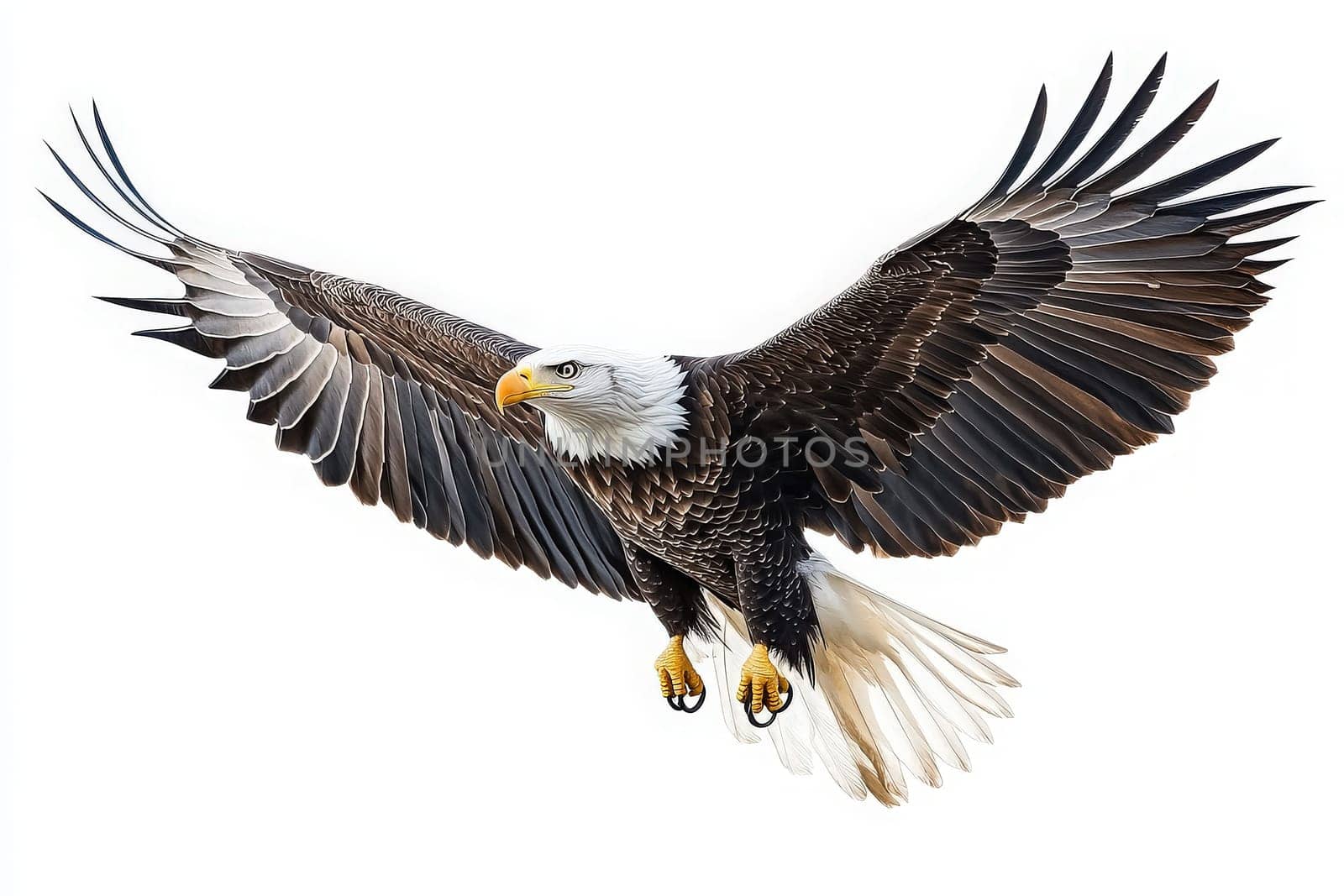 An eagle is soaring high with its wings fully extended, showcasing its impressive feathers. The bird exudes power and freedom against a bright, uncluttered backdrop.