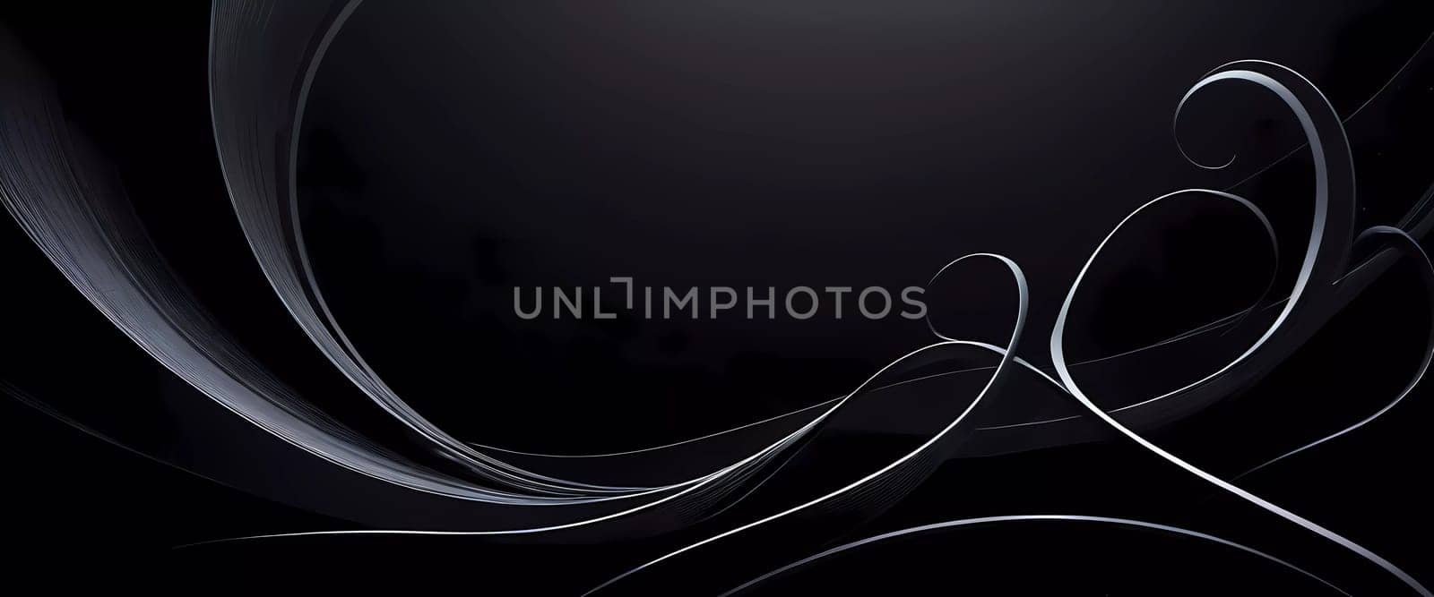 Graceful, swirling curves emerging from a dark backdrop, emphasizing fluidity and a dynamic sense of movement, inviting contemplation. Black background with smooth lines and shadows. Generative AI.