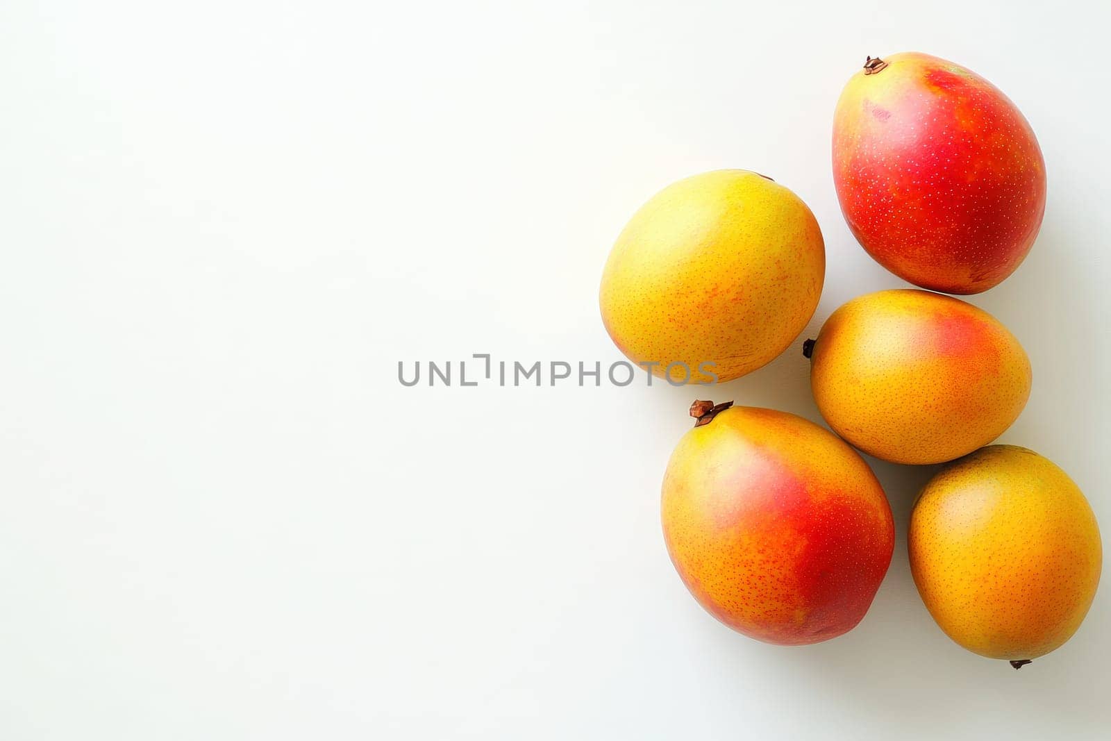A group of exotic mangoes showcases a mix of yellow and red hues against a clean white background, emphasizing their juicy appeal and freshness perfect for culinary use.