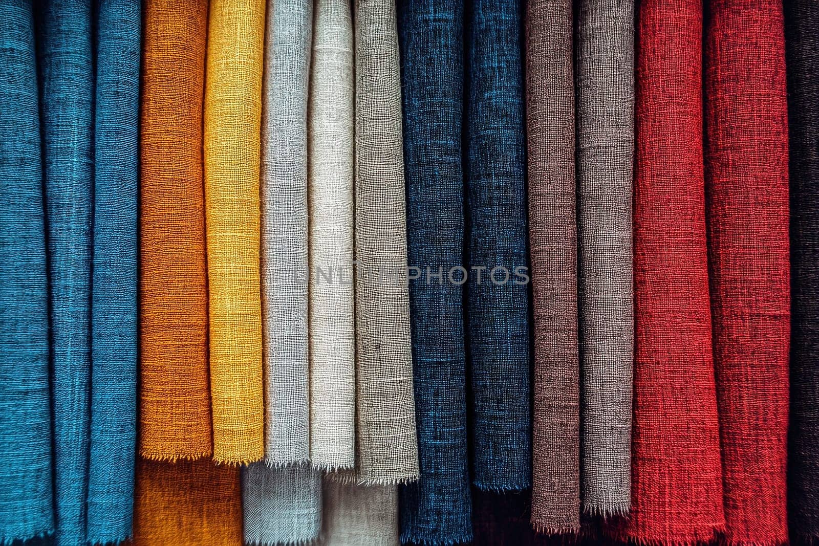 A variety of fabric swatches in solid colors are neatly arranged, emphasizing a clean and minimalist design. Each swatch displays unique textures, adding depth to the simple aesthetic.